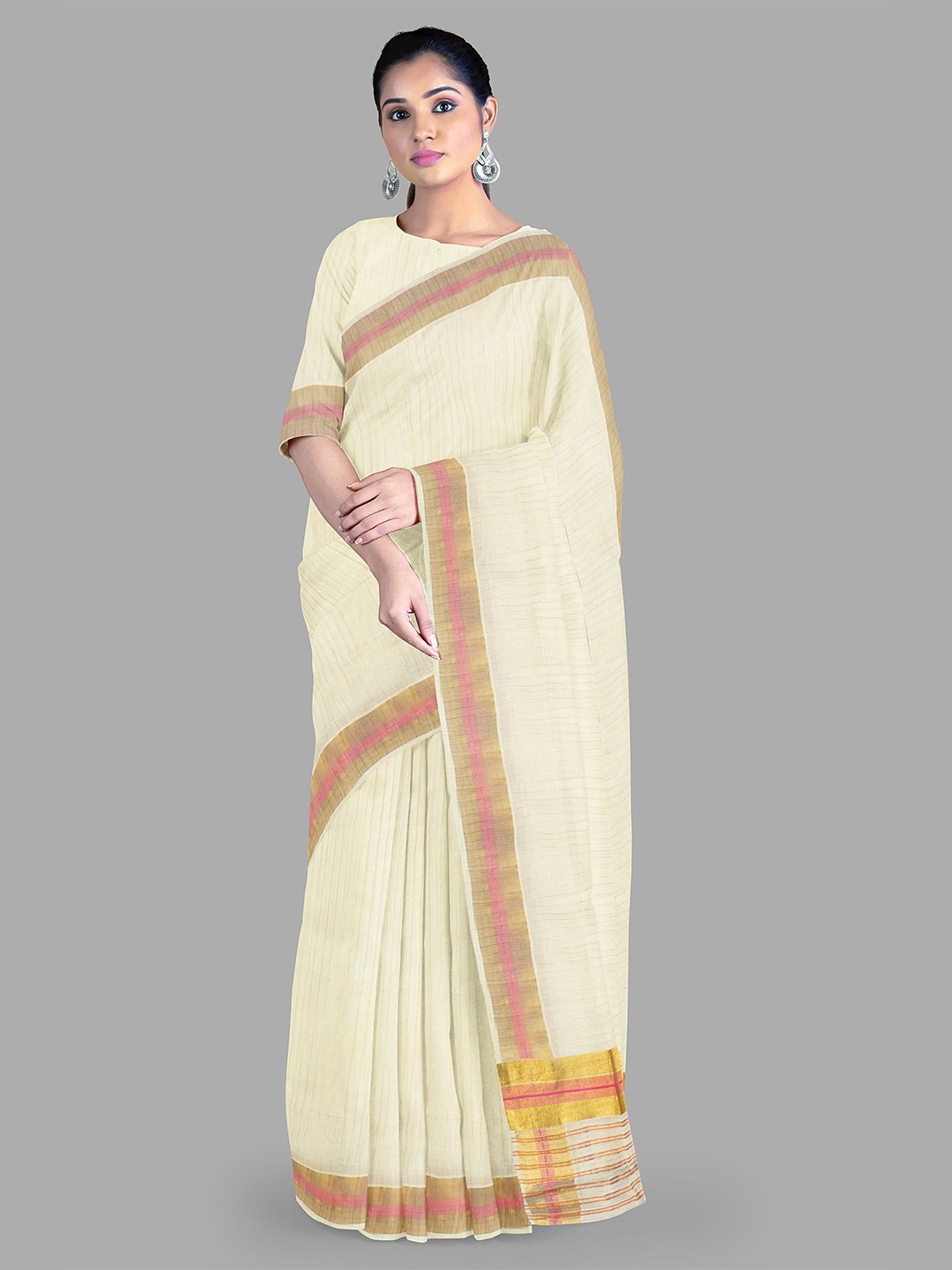 

The Chennai Silks Striped Zari Pure Cotton Kasavu Saree, Off white