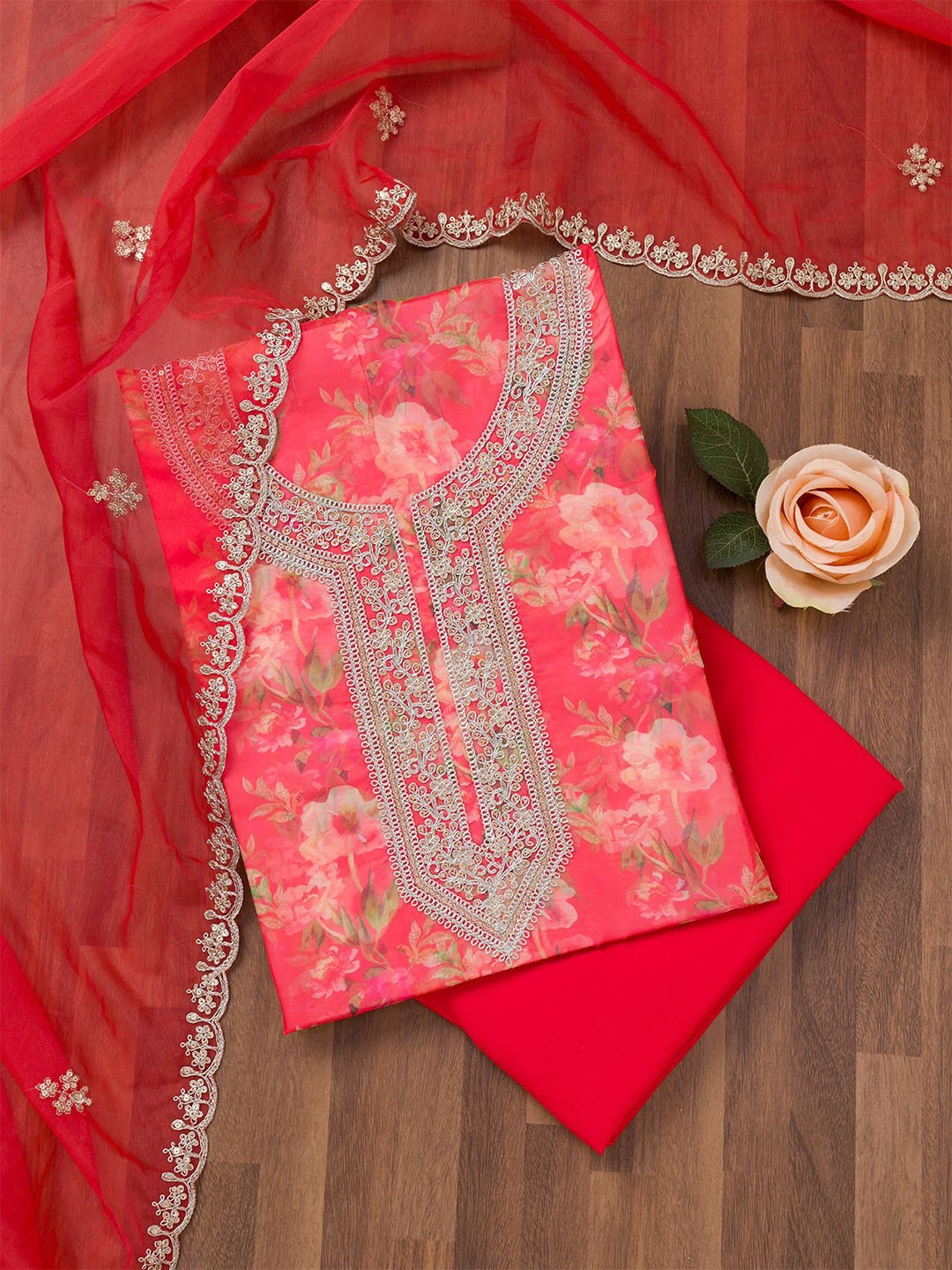 

Koskii Floral Printed Sequinned Organza Unstitched Dress Material, Red