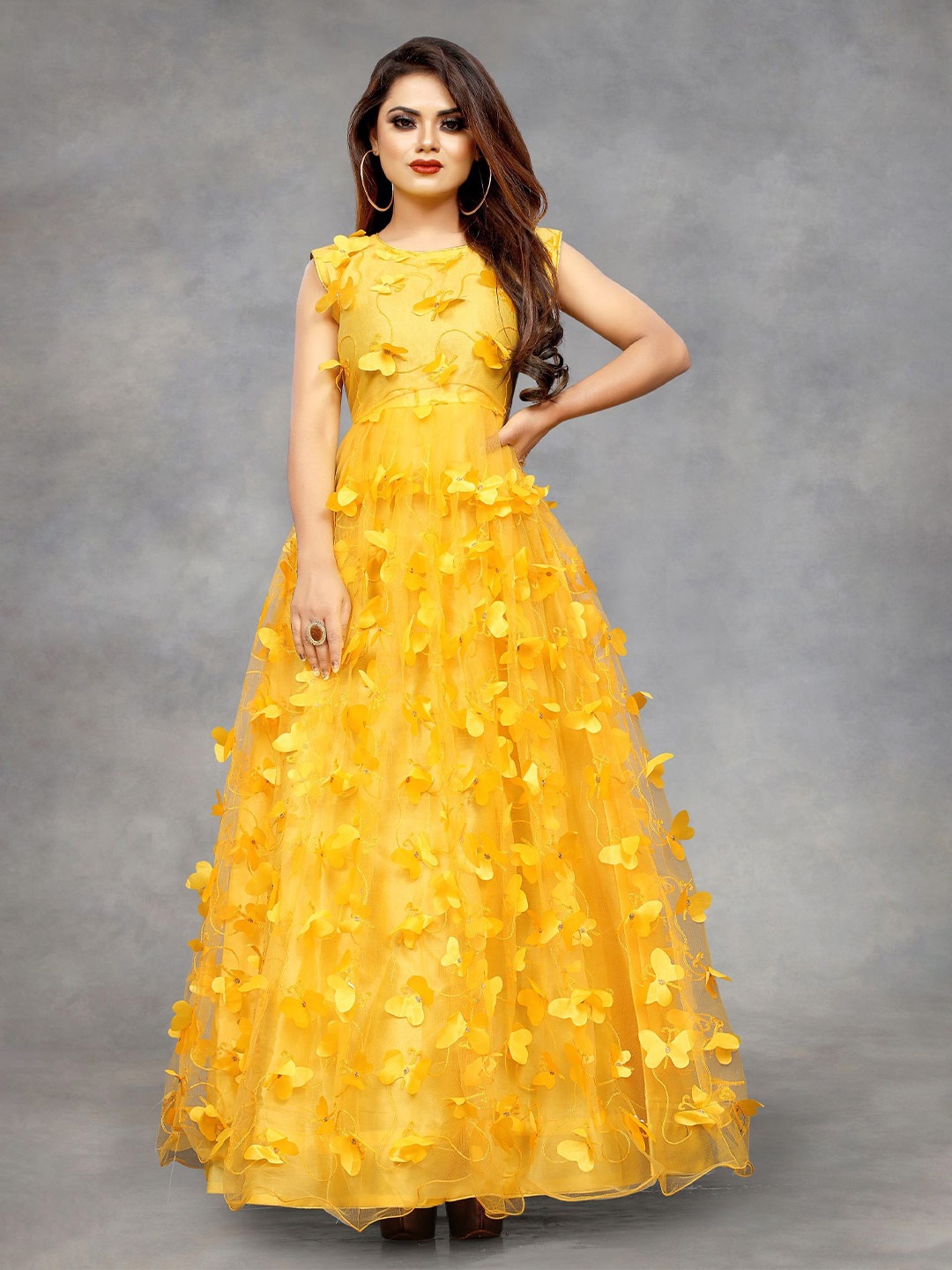 

JULEE Floral Embroidered Net Maxi Dress, Yellow