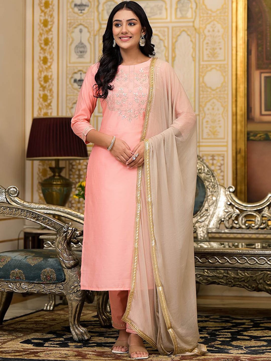 

AKS Couture Yoke Design Thread Work Chanderi Silk Straight Kurta with Trousers & Dupatta, Peach