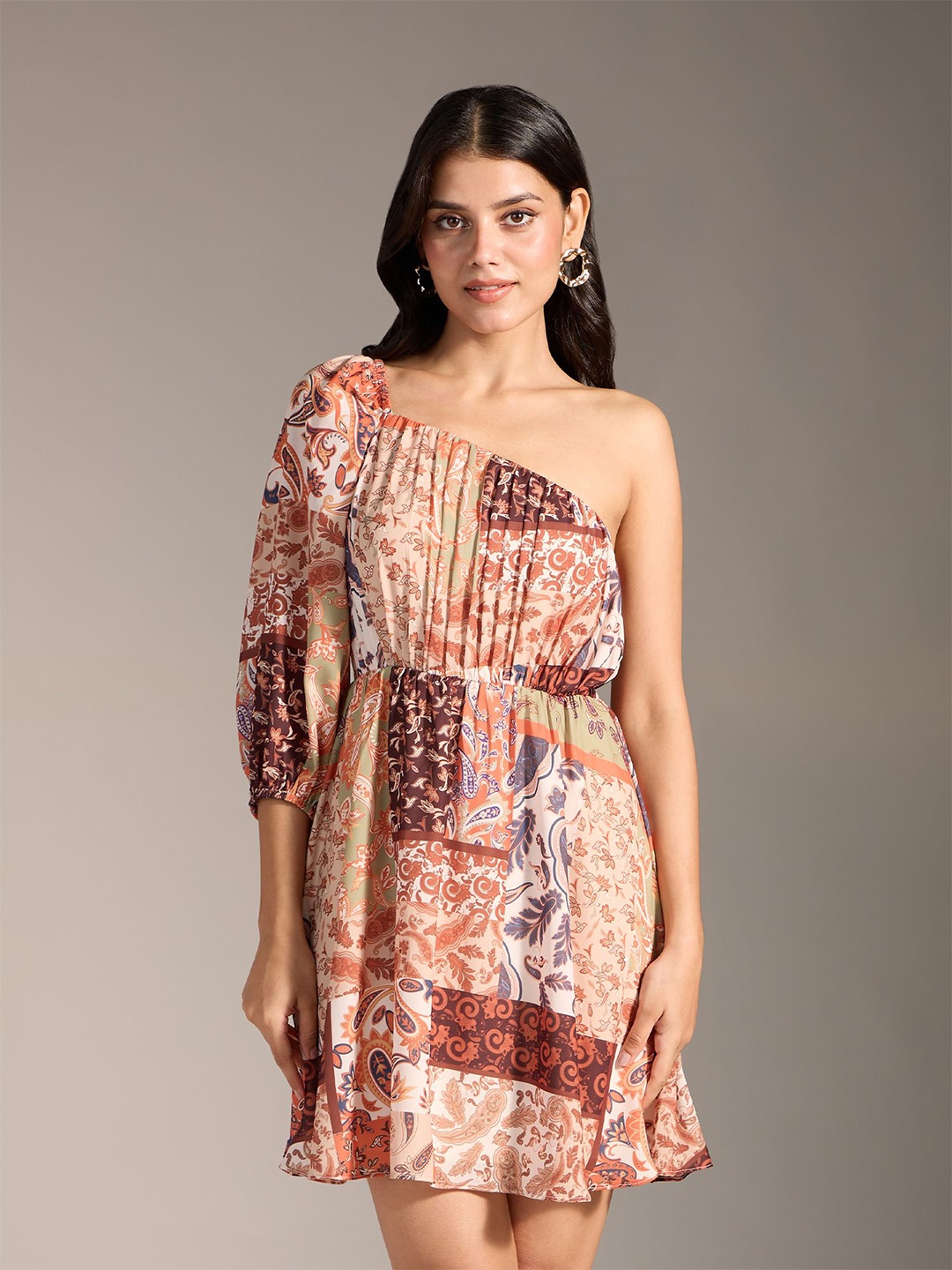 

20Dresses Paisley Printed One Shoulder Fit & Flare Mini Dress, Beige