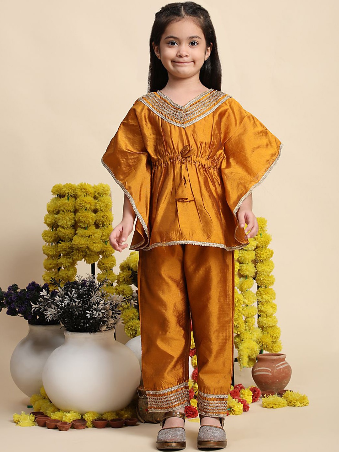 

Cutiekins Girls V-Neck Gotta Patti Kaftan Kurta With Salwar, Mustard