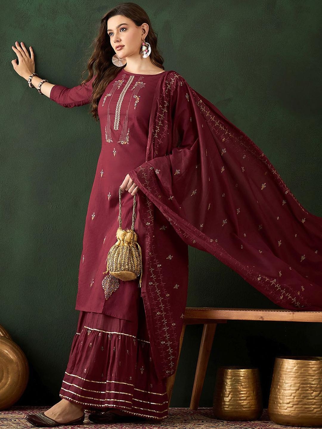

Sangria Maroon Floral Embroidered Pure Cotton Zari Kurta With Trousers & Dupatta