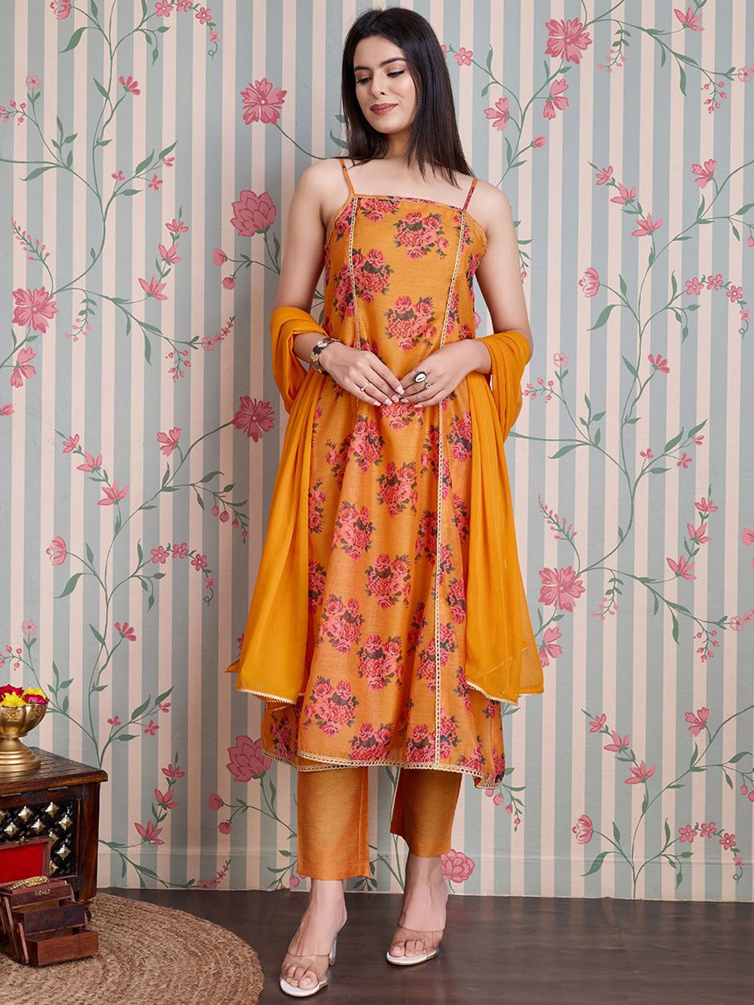 

Ode by House of Pataudi Printed Pure Cotton Anarkali Kurta with Trousers & With Dupatta, Mustard