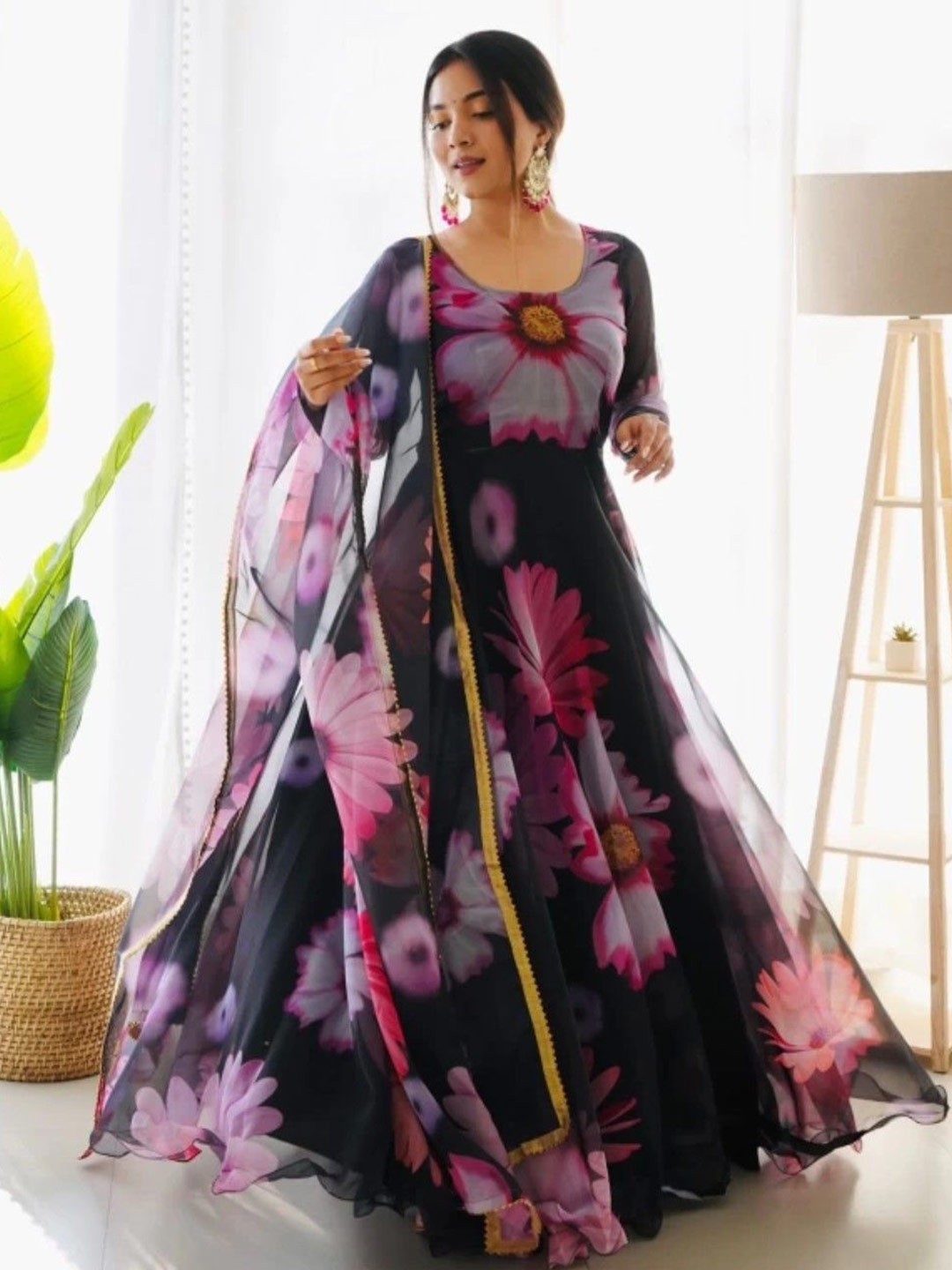 

JULEE Floral Printed Georgette Fit & Flare Maxi Ethnic Dresses With Dupatta, Black