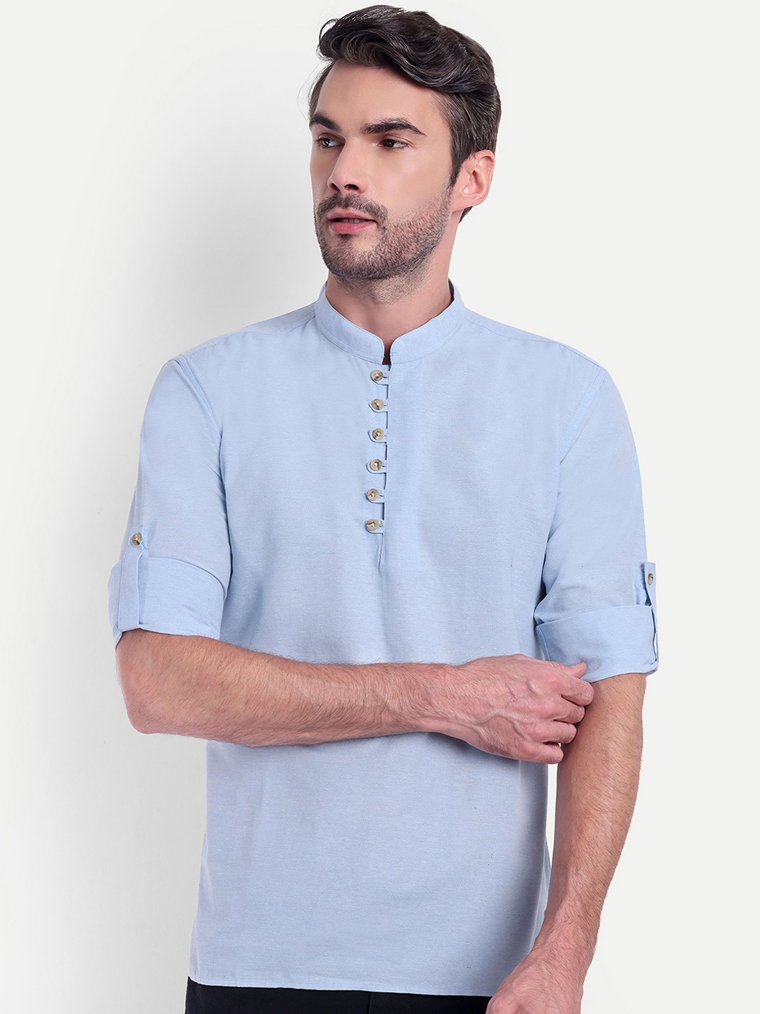 

Springberry Mandarin Collar Roll-Up Sleeves Cotton Straight Kurta, Blue
