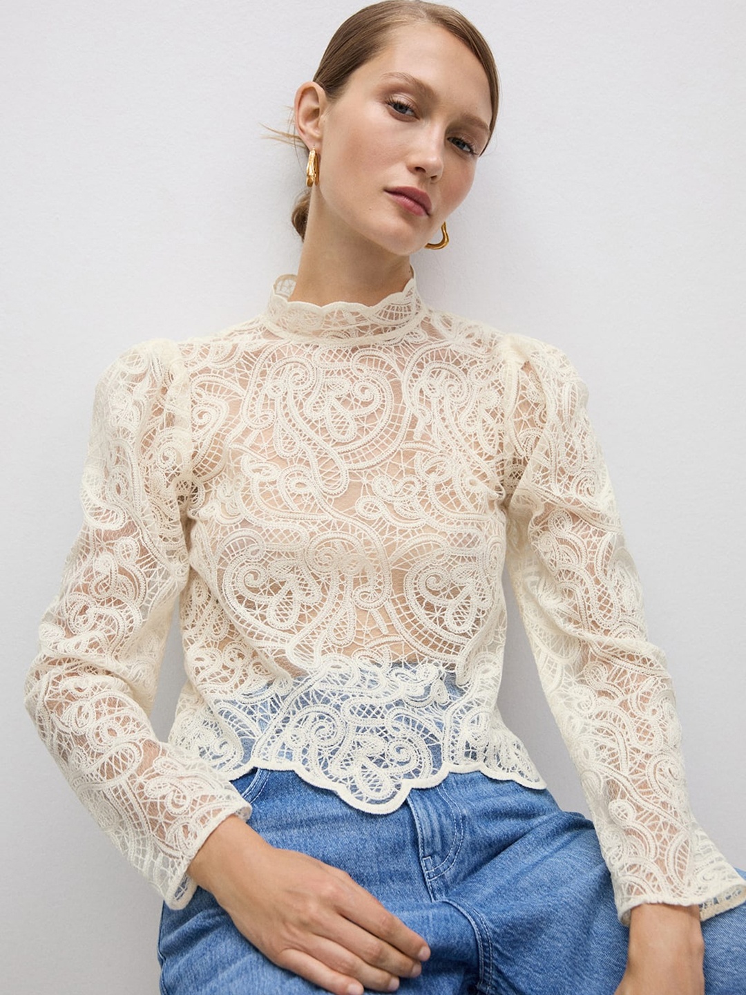 

MANGO Sheer Lace Top, White