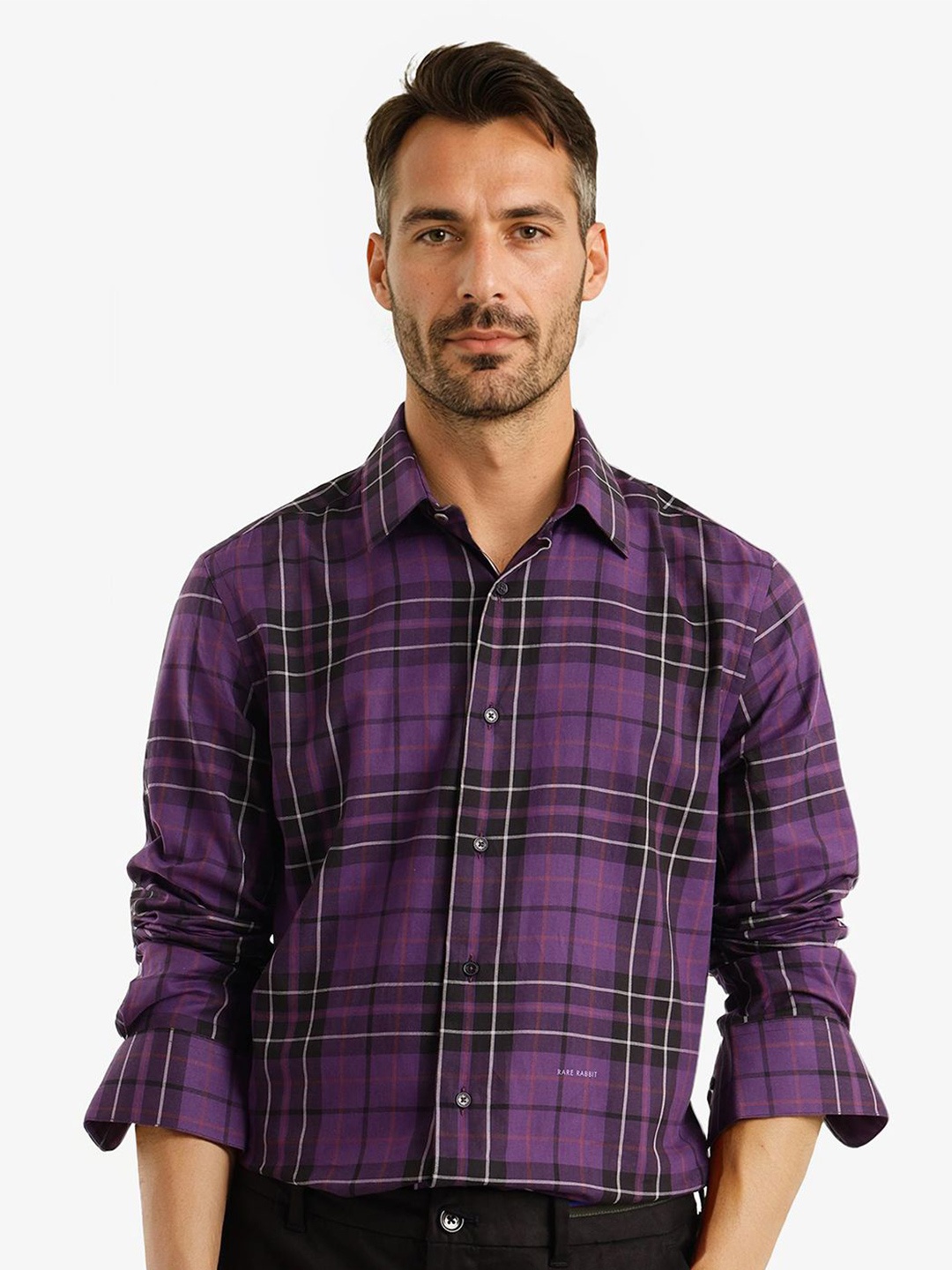 

RARE RABBIT Men Comfort Spread Collar Buffalo Checked Cotton Casual Shirt, Purple