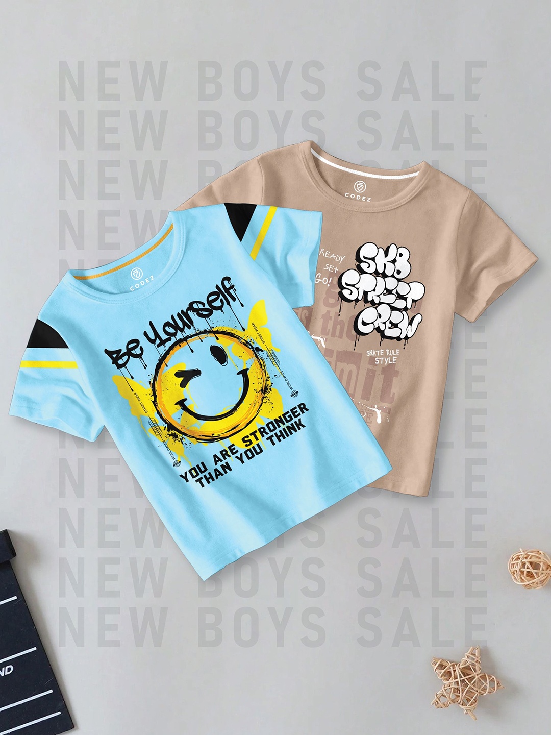 

CODEZ Boys Pack Of 2 Graphic Printed Round Neck Cotton T-shirts, Turquoise blue