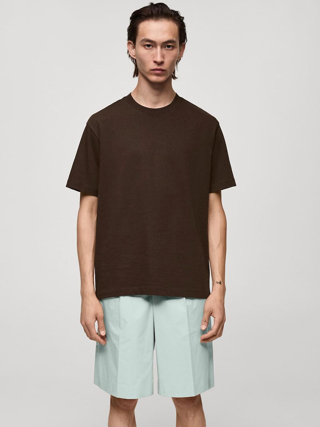 

MANGO MAN Drop-Shoulder Sleeves Pure Cotton T-shirt, Brown