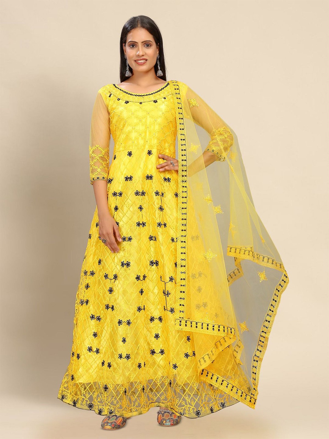 

LADY SHOPI Women Floral Embroidered Net Maxi Ethnic Dresses With Dupatta, Yellow