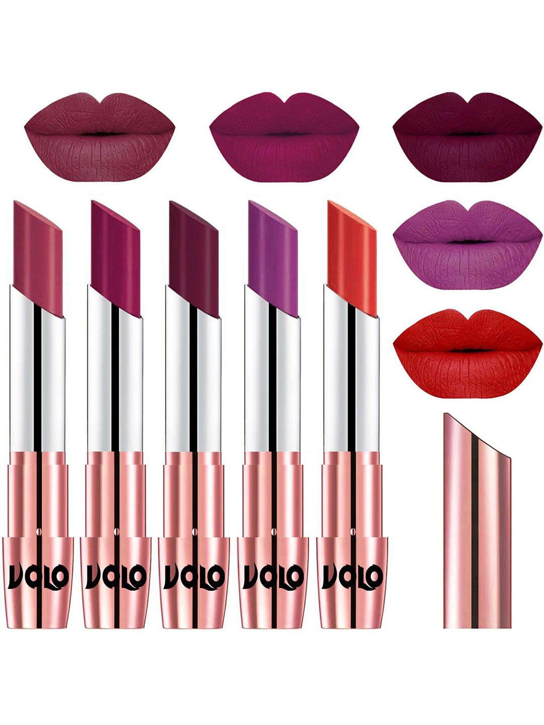 

VOLO Set Of 5 Creme Matte Lipstick-3.5g Each-Rose Pink-Magenta-Wine-Purple-Orange