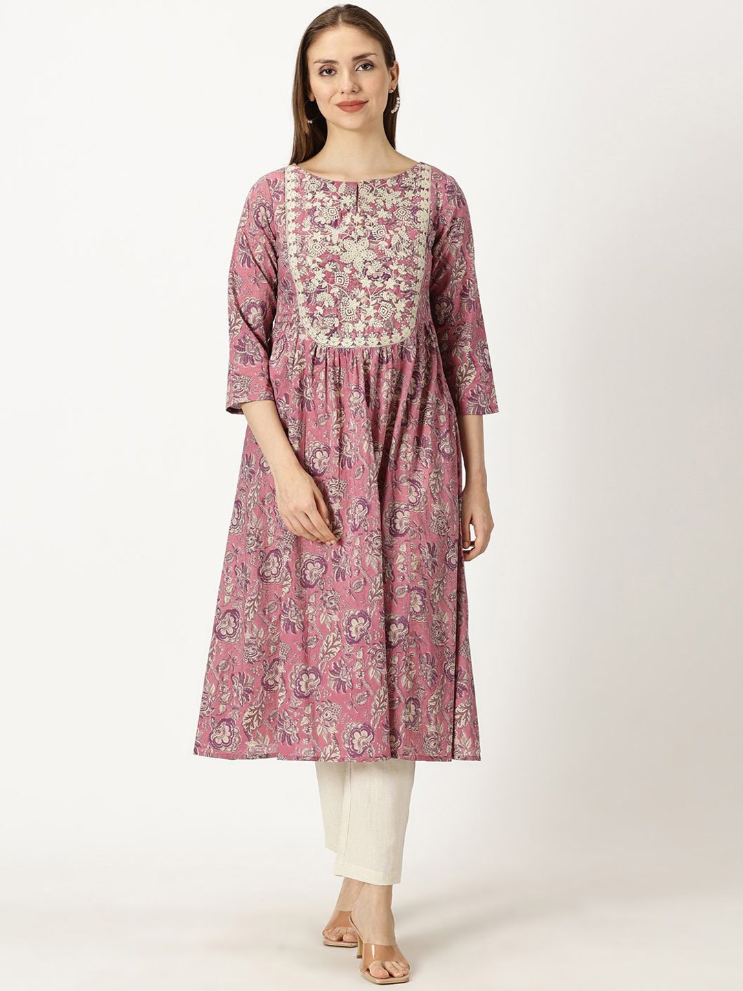 

Saffron Threads Floral Printed Thread Work Keyhole Neck Pure Cotton A-Line Kurta, Pink