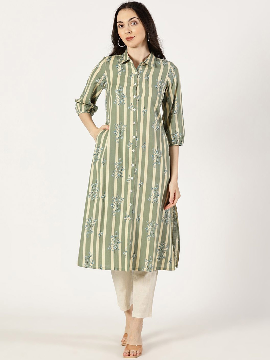 

Saffron Threads Floral Printed Shirt Collar Puff Sleeves Cotton Linen Straight Kurta, Green