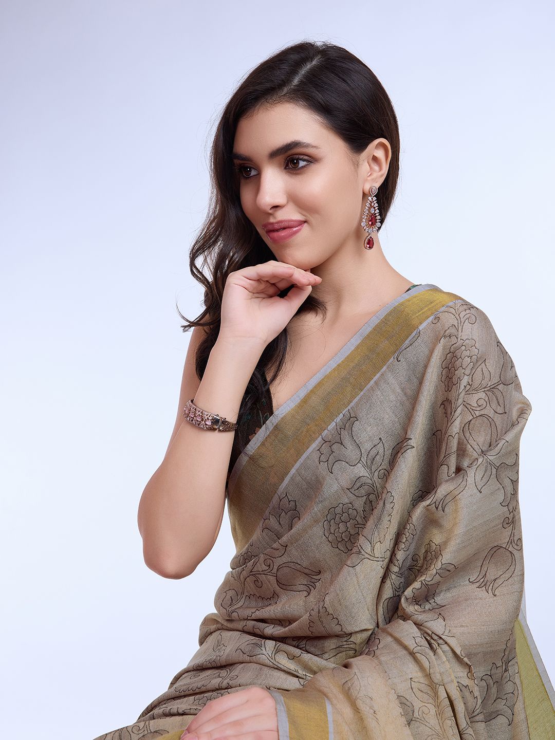 

all about you Ethnic Motifs Silk Zari Border Madhubani Printed Saree, Grey
