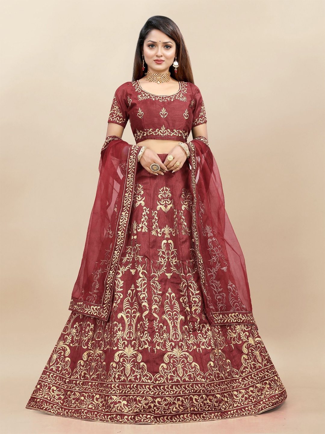 

JULEE Embroidered Thread Work Semi Stitched Lehenga & Unstitched Blouse With Dupatta, Maroon