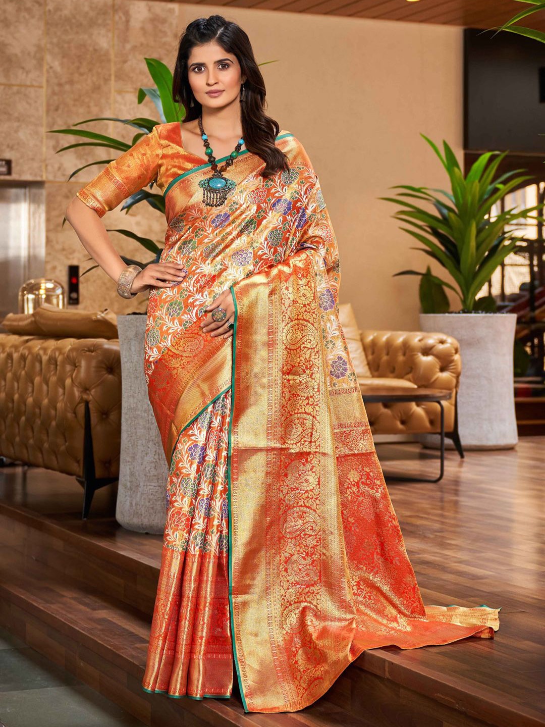 

Krimmple Floral Woven Design Zari Saree, Orange