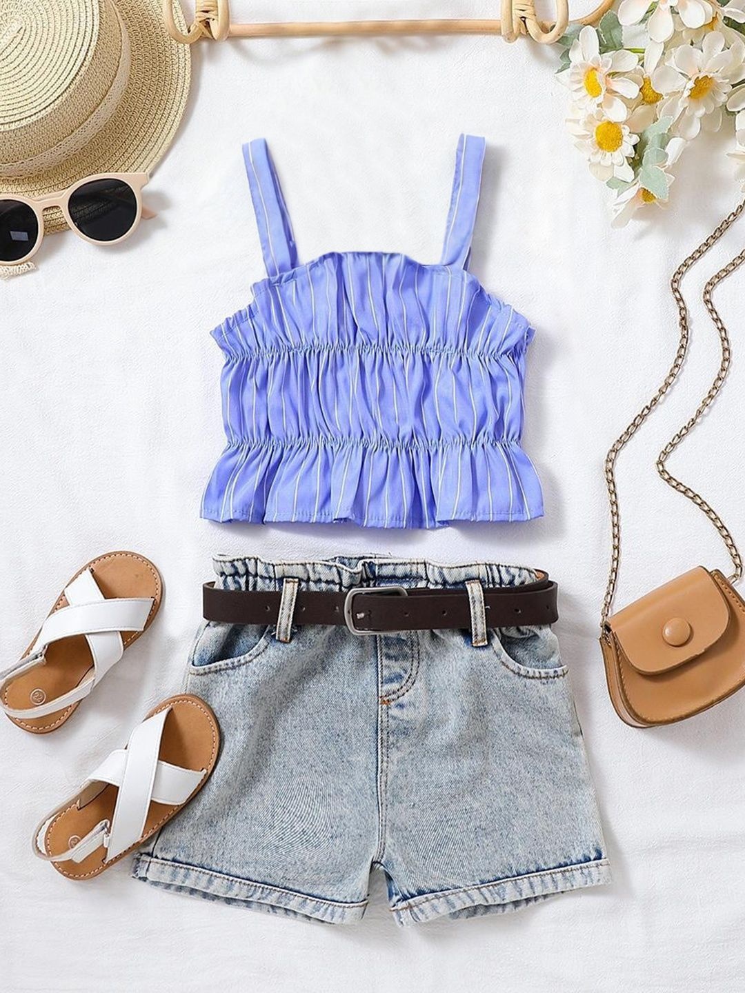 

INCLUD Girls Shoulder Straps Neck Sleeveless Cotton Blend Top With Shorts, Blue