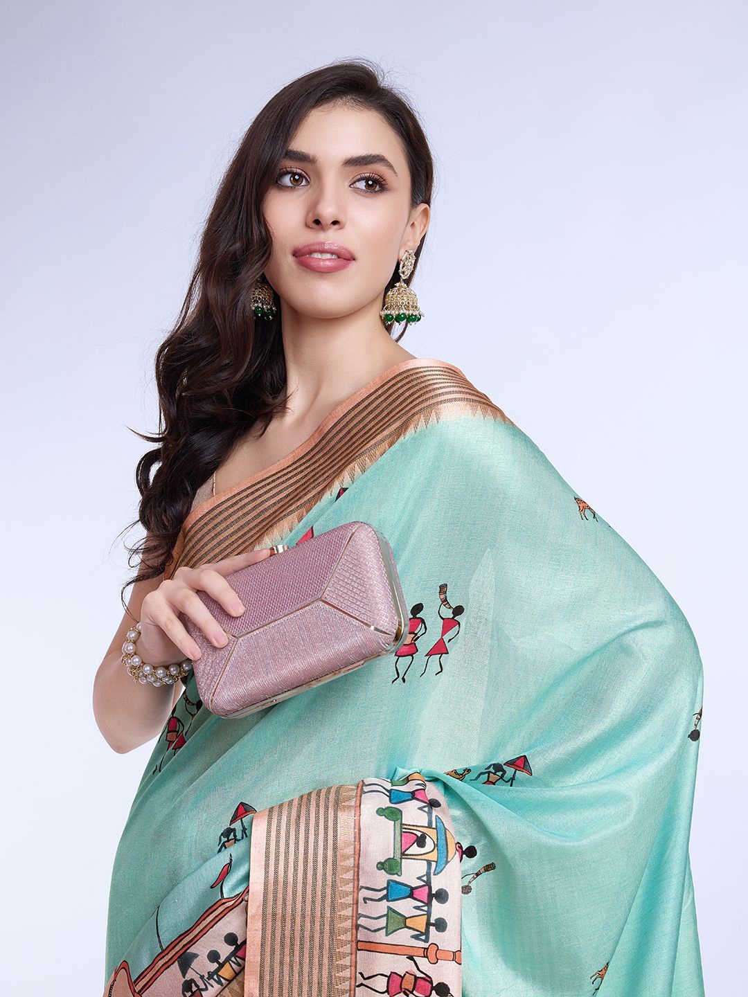 

Mitera Ajrak Printed Block Saree, Teal