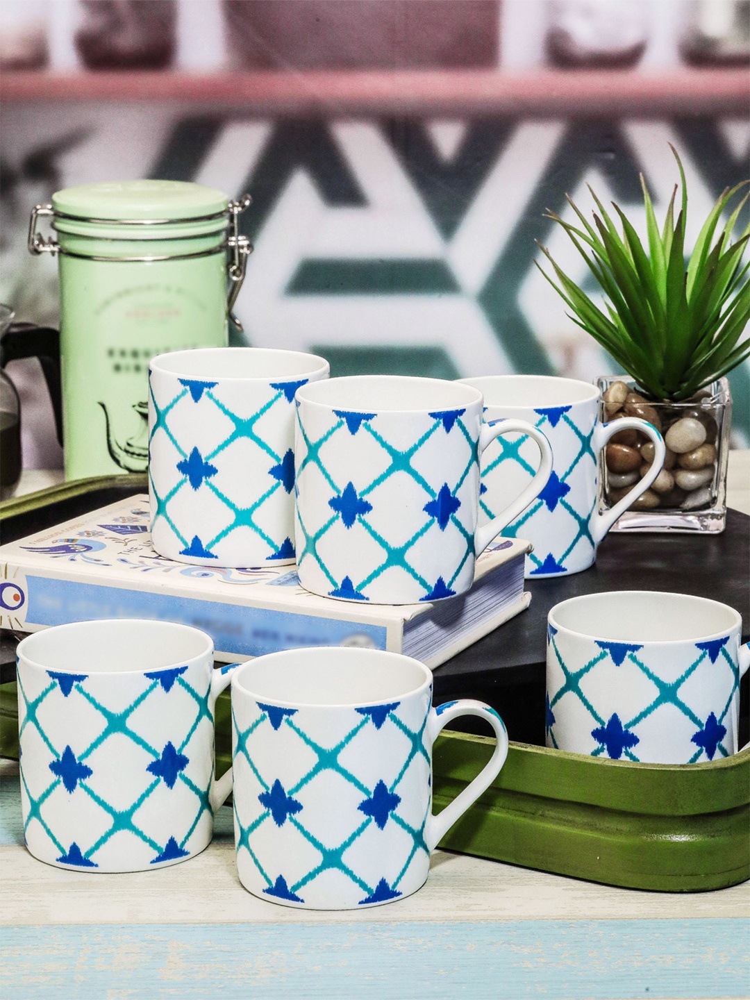 

GOODHOMES White & Blue 6 Pieces Floral Printed Glossy Mugs 220ml