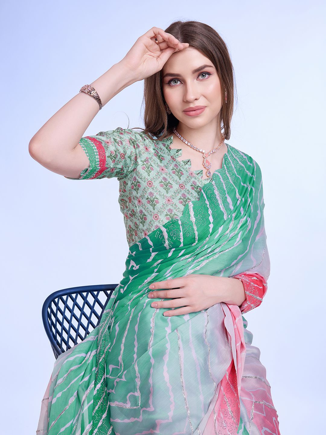 

Mitera Leheriya Printed Beads and Stones Saree, Green
