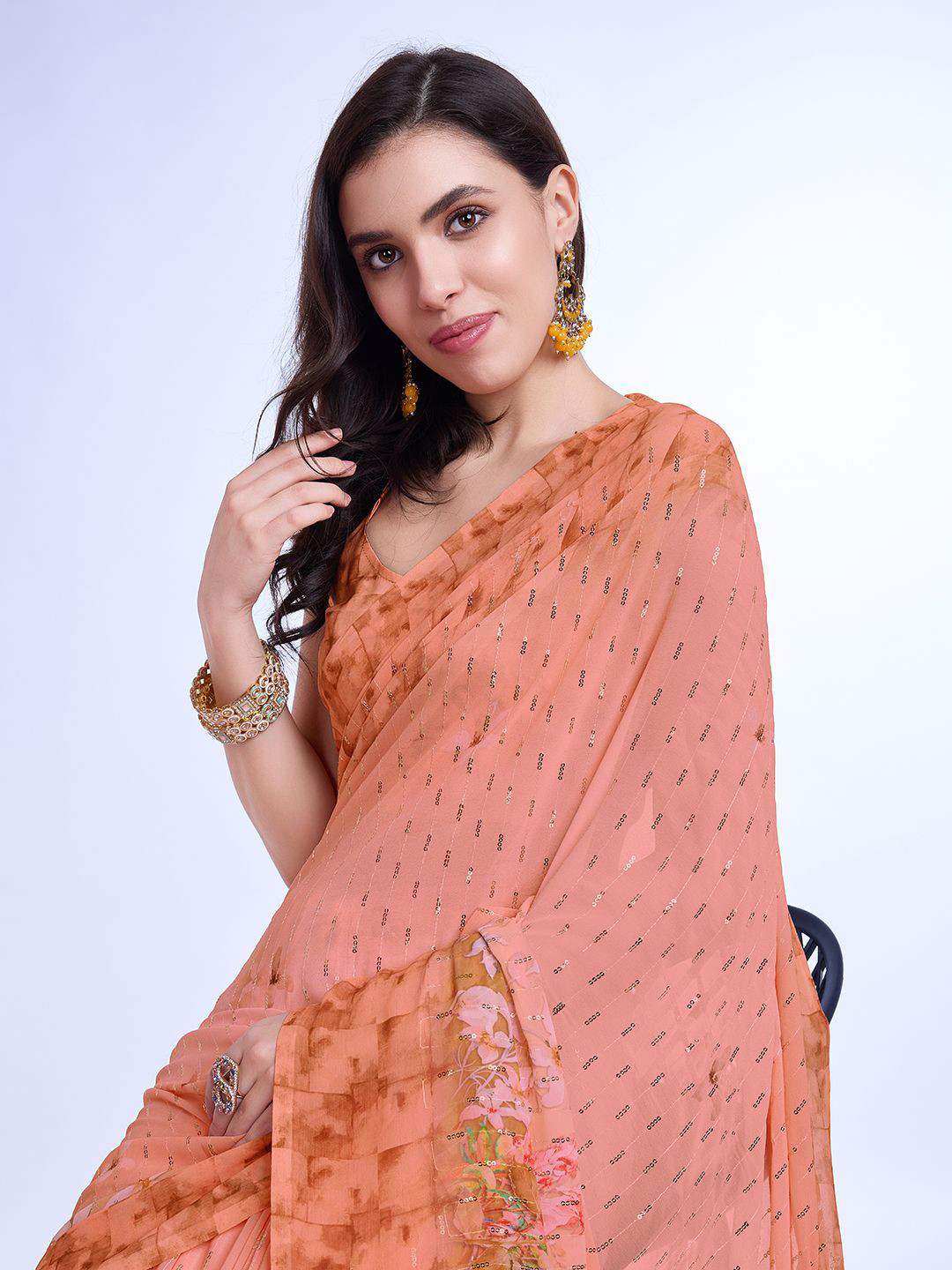 

Mitera Floral Embellished Sequinned Saree, Orange