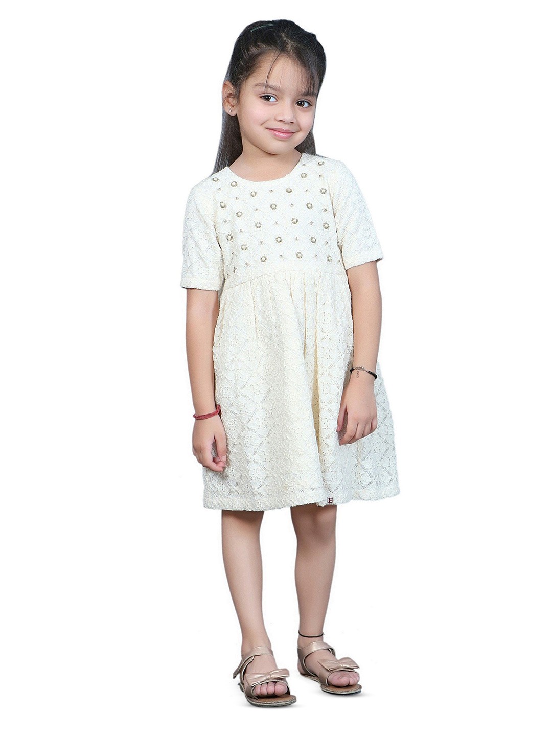 

EthIndia Girls Embellished A-Line Knee Length Dress, Beige