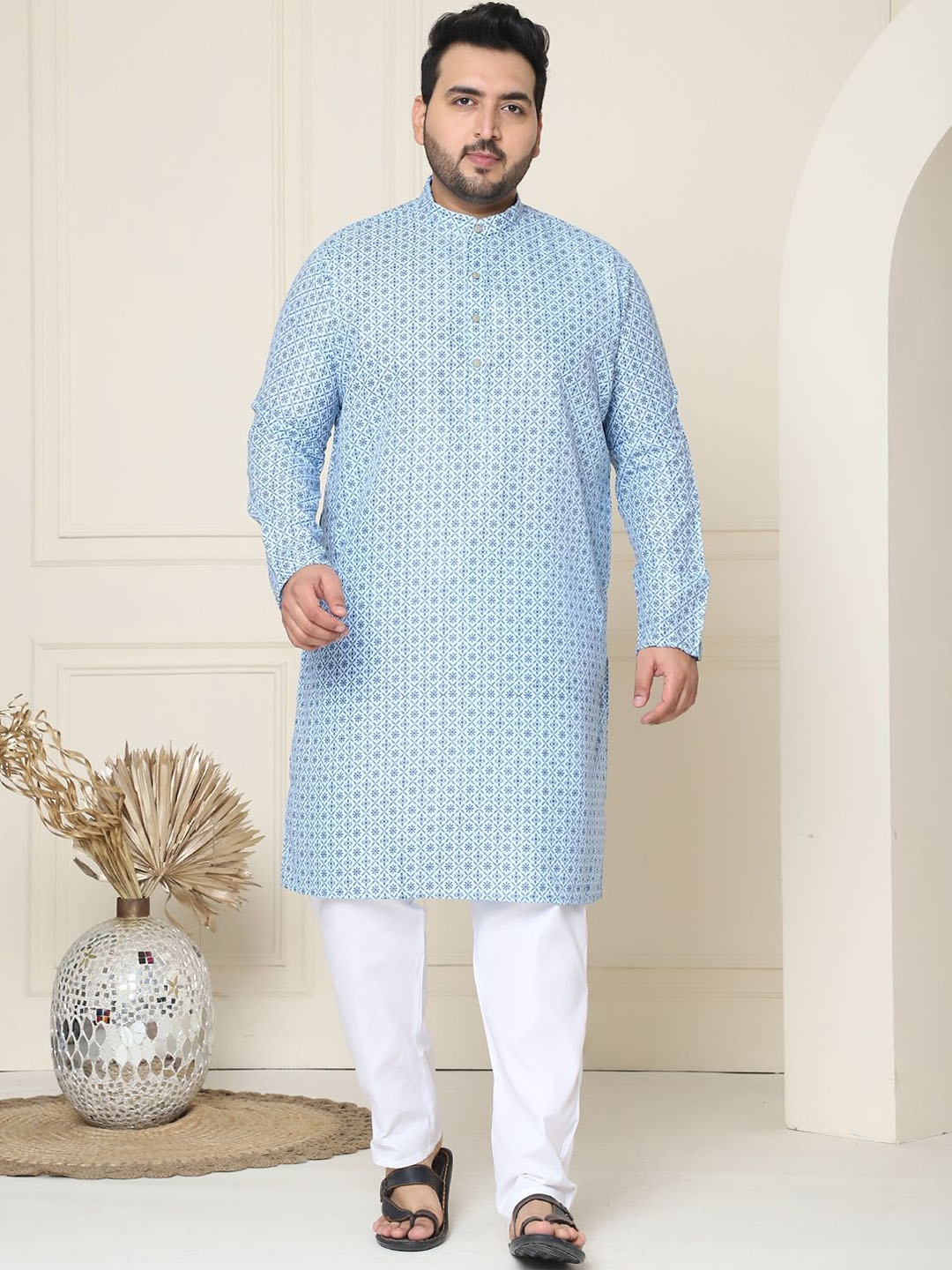 

SOJANYA PLUS Floral Embroidered Thread Work Cotton Linen Straight Kurta with Pyjamas, Blue