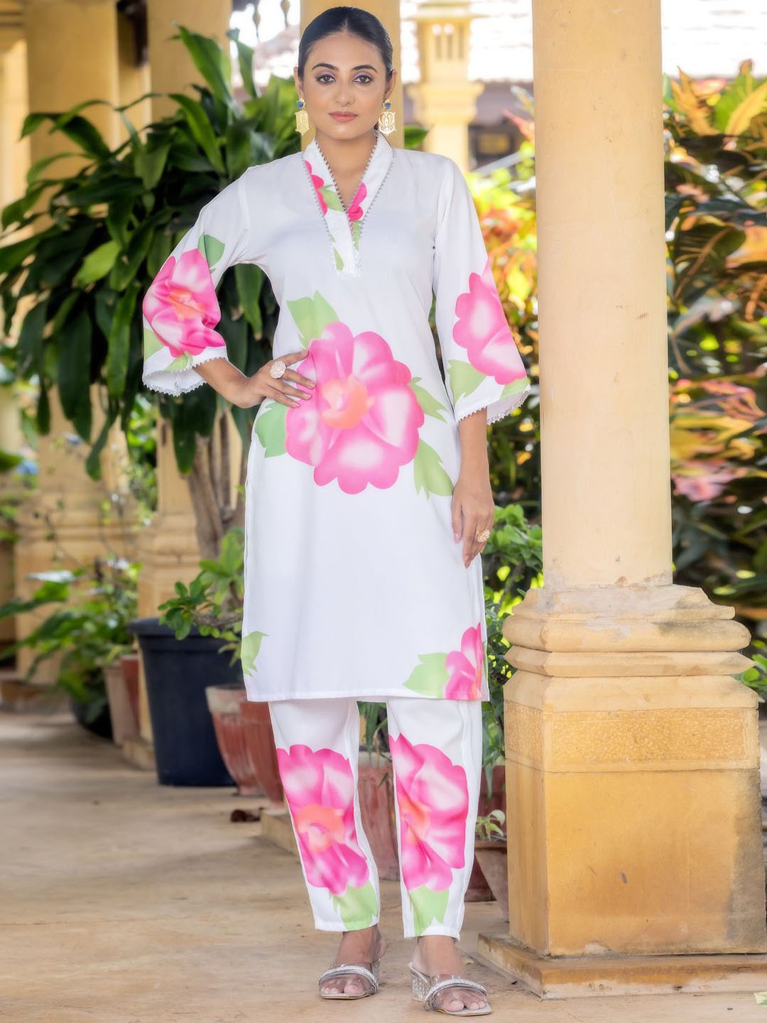 

Modestouze Attires Floral Printed Flared Sleeves Tunic With Trousers, White