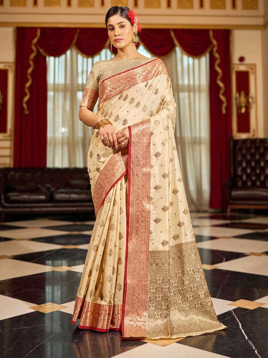 

Krimmple Ethnic Motifs Woven Design Zari Saree, Beige