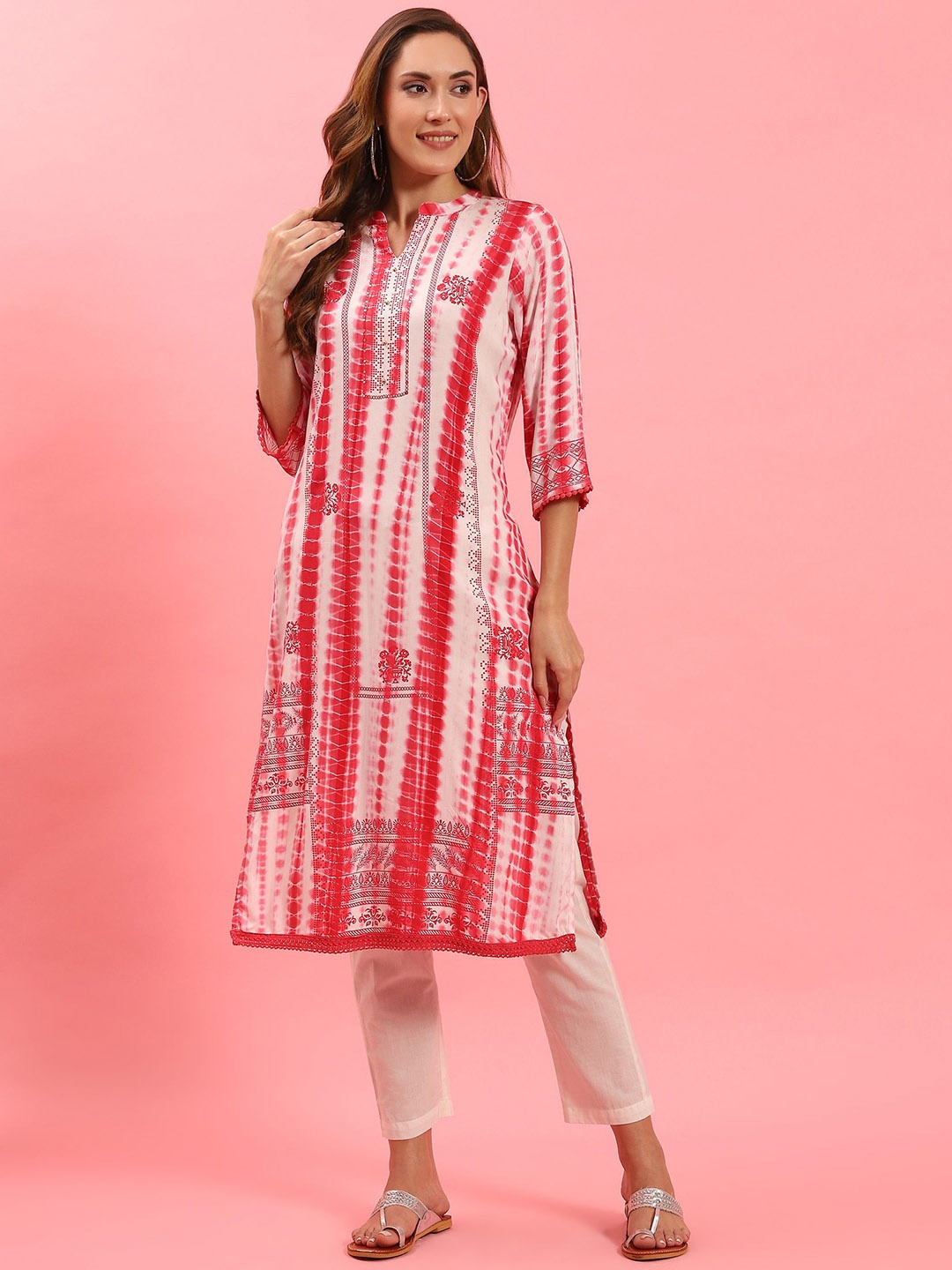 

Shree Geometric Printed Mandarin Collar A Line Kurta, Coral