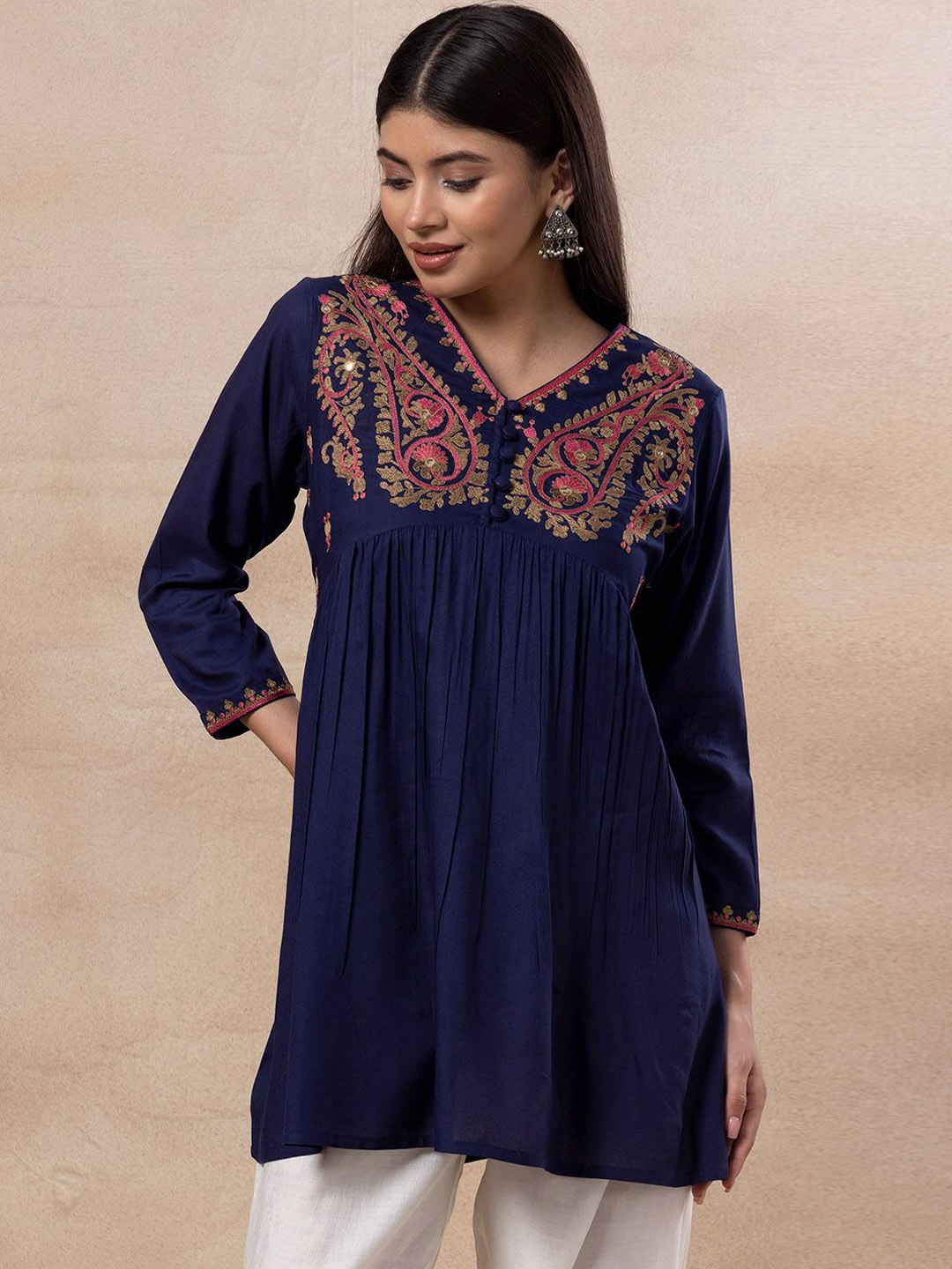 

INDYA Paisley Embroidered Pure Cotton V-Neck Pleated A-Line Kurti, Blue