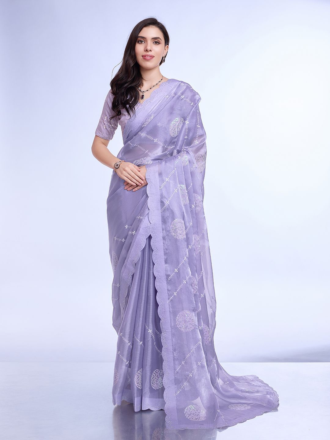 

Mitera Floral Embroidered Beads and Stones Saree, Purple
