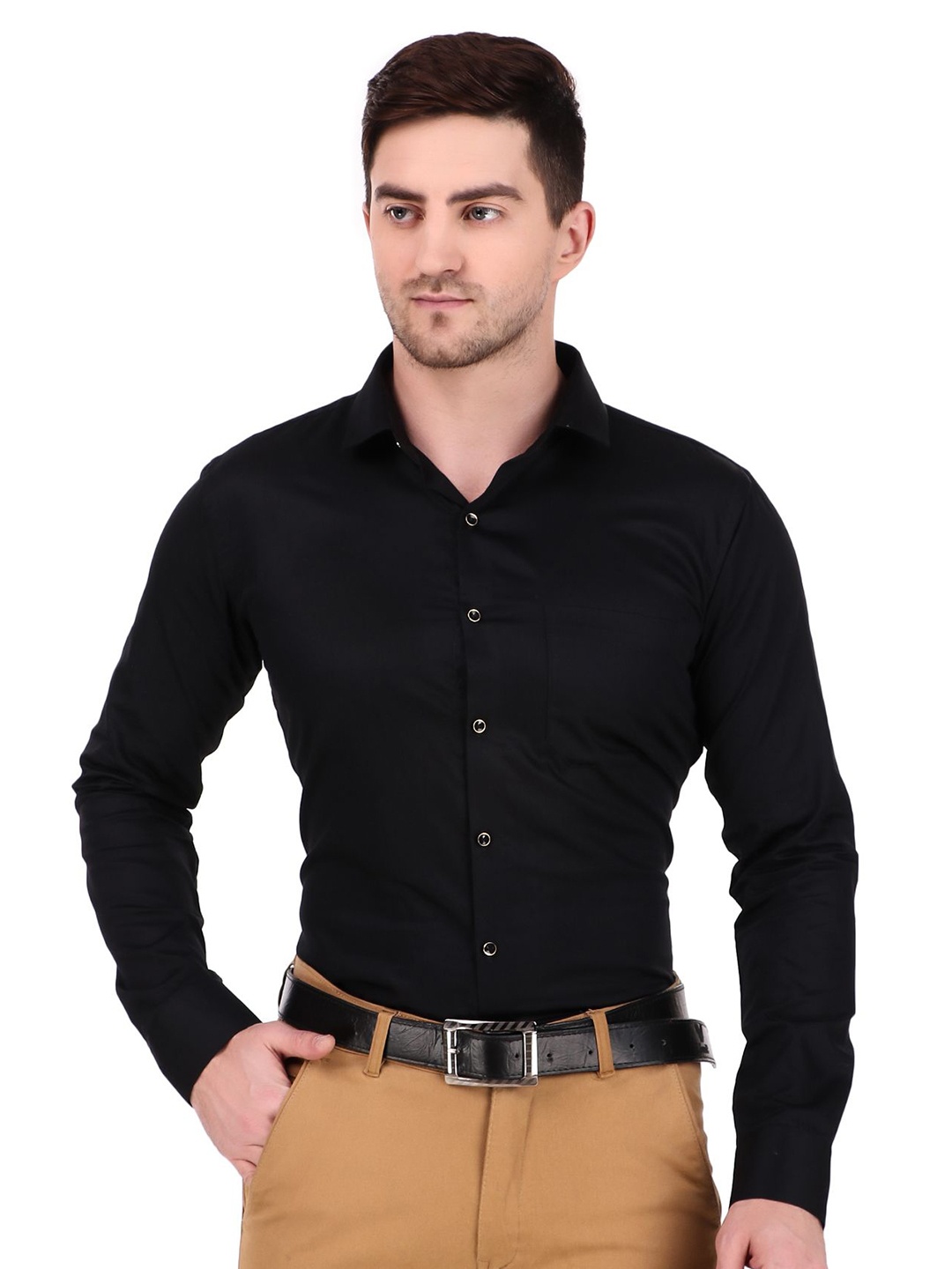 

DESIGN UP Men Comfort Spread Collar Solid Cotton Slim Fit Casual Shirt, Black