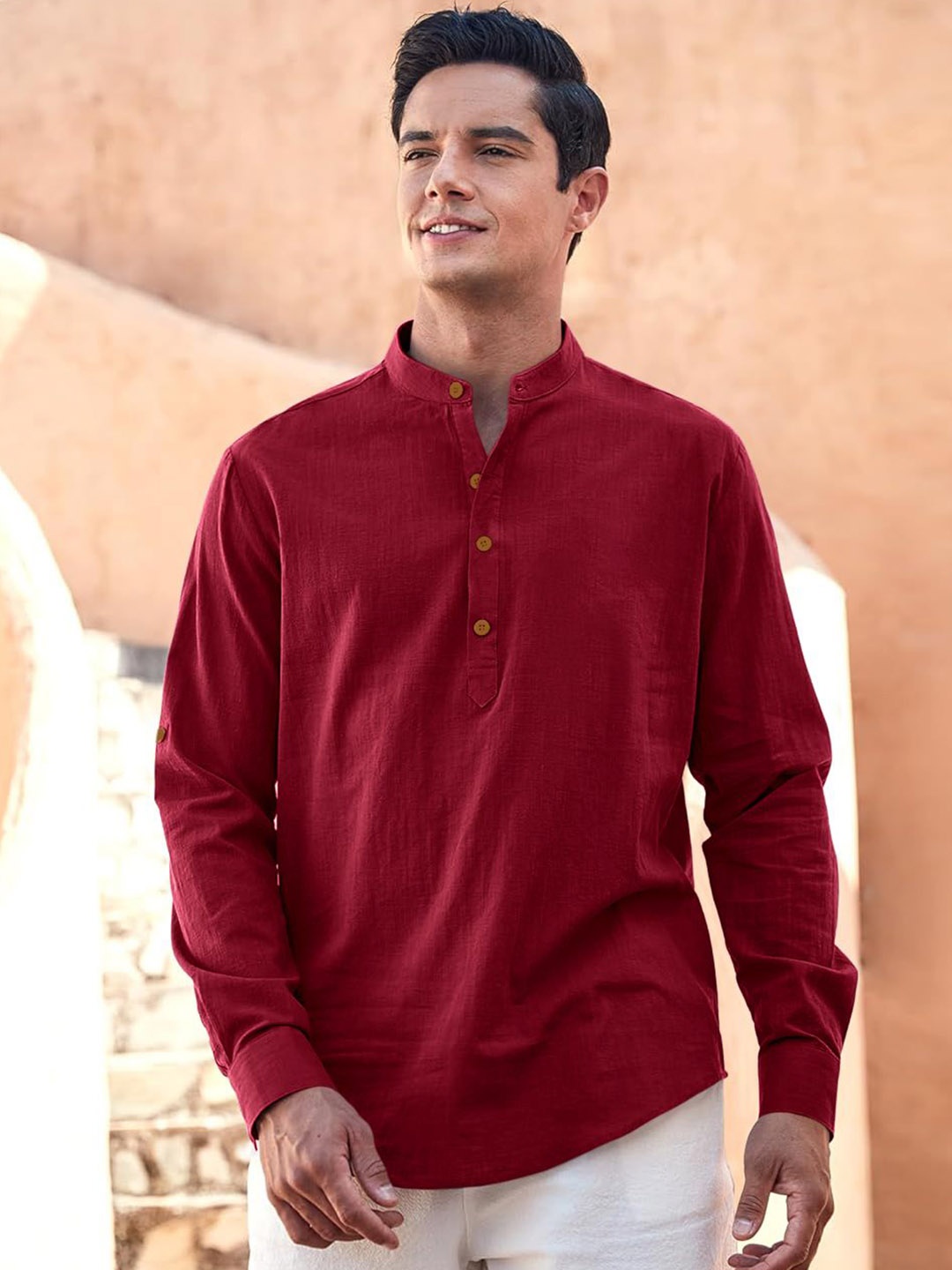 

Zombom Mandarin Collar Roll-Up Sleeves Wrinkle Free Straight Short Kurta, Maroon