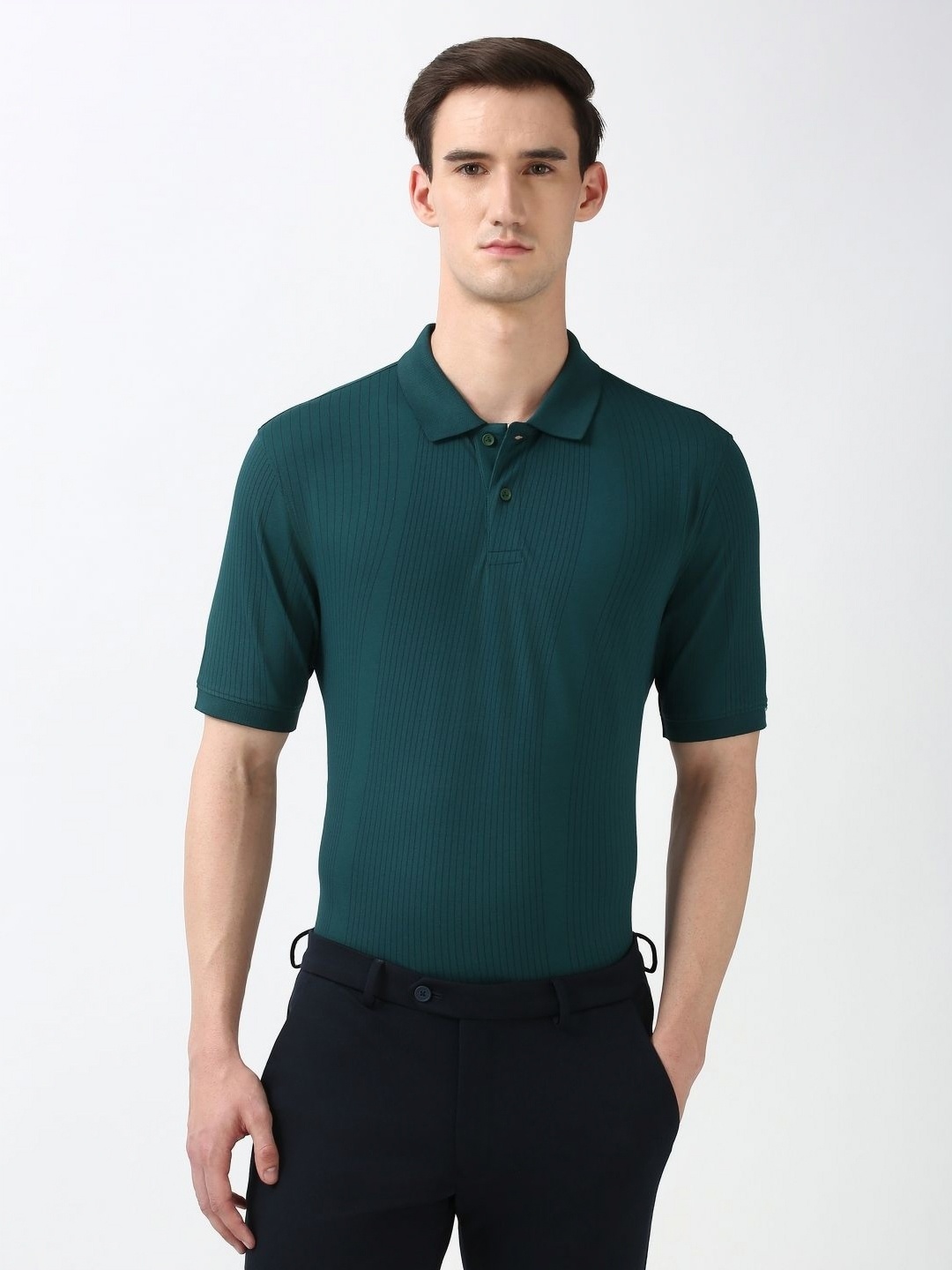 

Peter England Men Striped Polo Collar Cotton T-shirt, Green