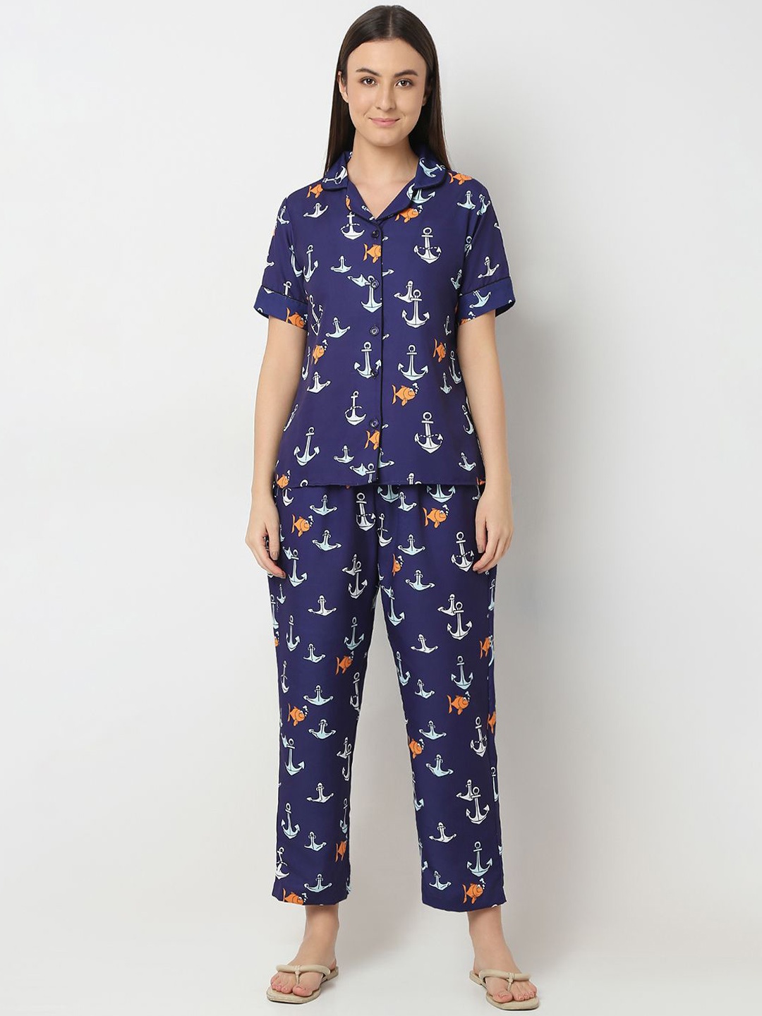 

Smarty Pants Women Conversational Printed Lapel Collar Night suit, Blue