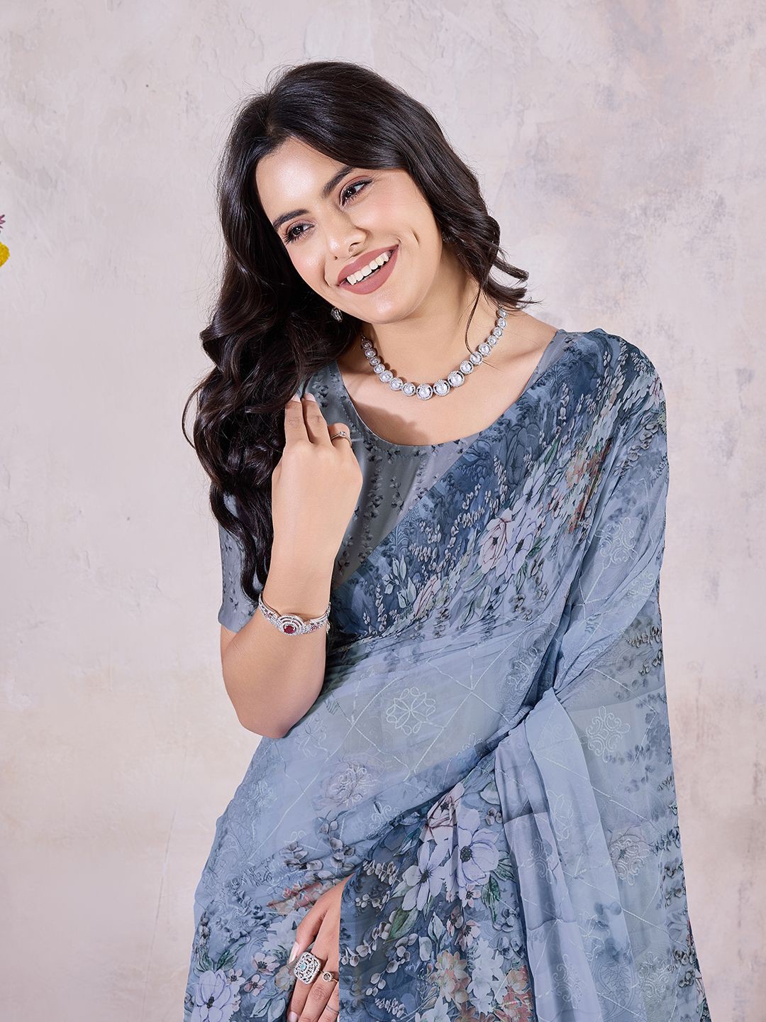 

Mitera Embroidered Floral Printed Saree With Blouse Piece, Grey