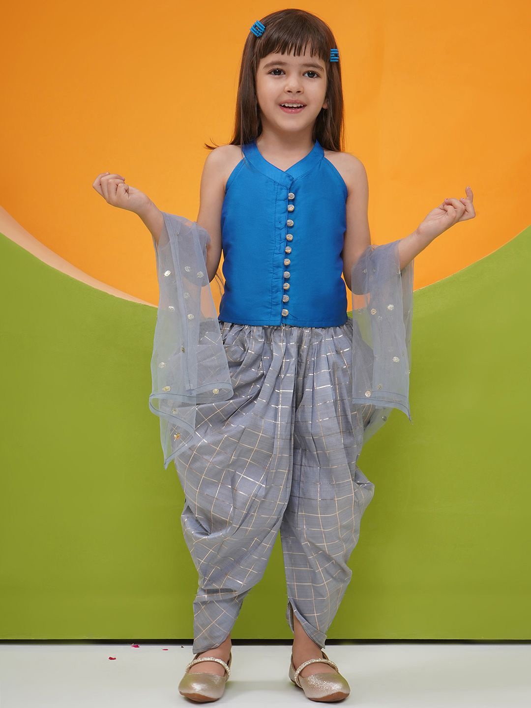 

Aj DEZInES Girls Mandarin Collar Top With Dhoti Pants & Dupatta, Grey