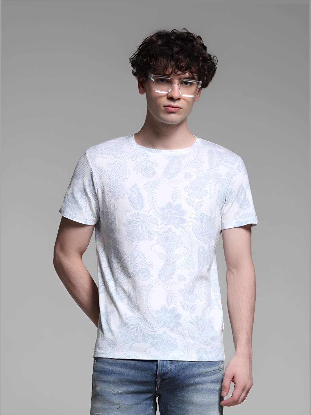 

Jack & Jones Men Floral Printed Round Neck Cotton T-shirt, White