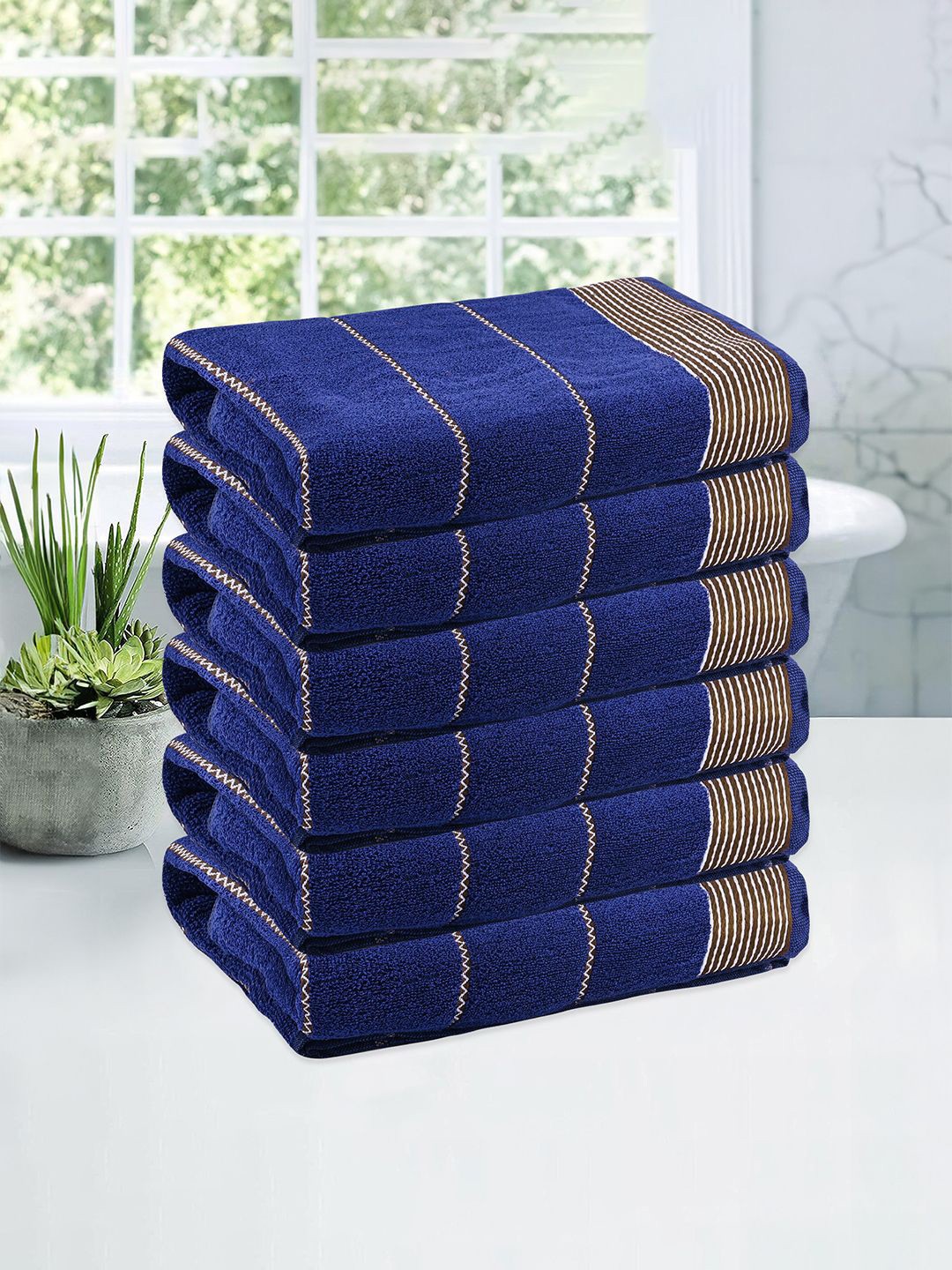 

Kuber Industries Blue & Brown 6 Pieces Striped Cotton 450 GSM Bath Towel
