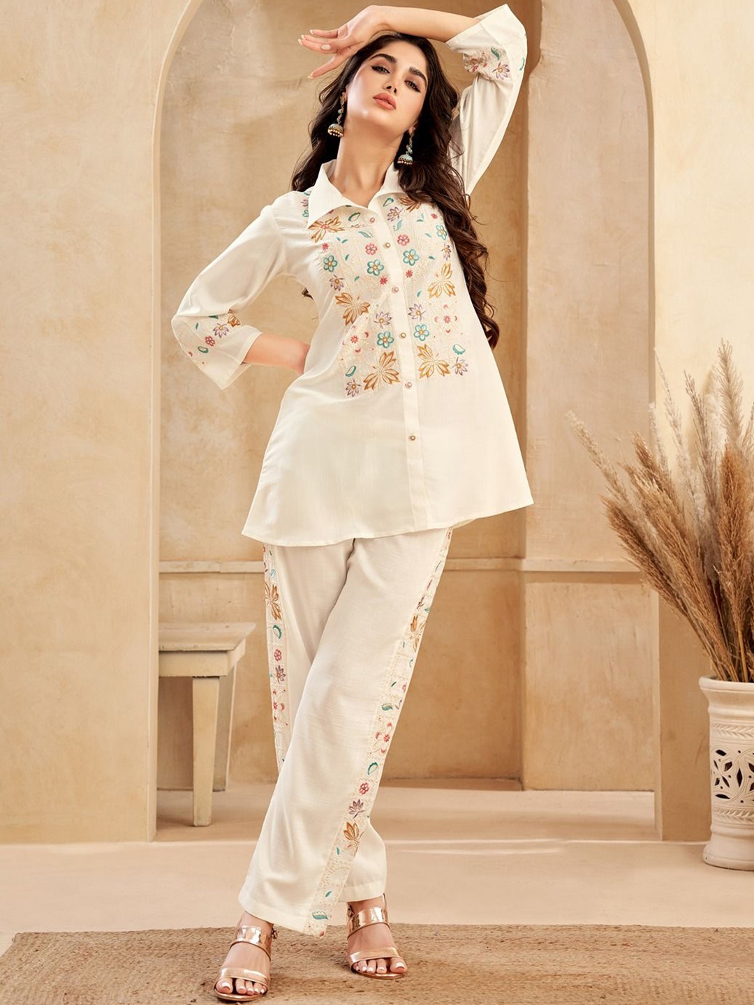 

FABMORA Embroidered Shirt With Trousers Co-Ords, White