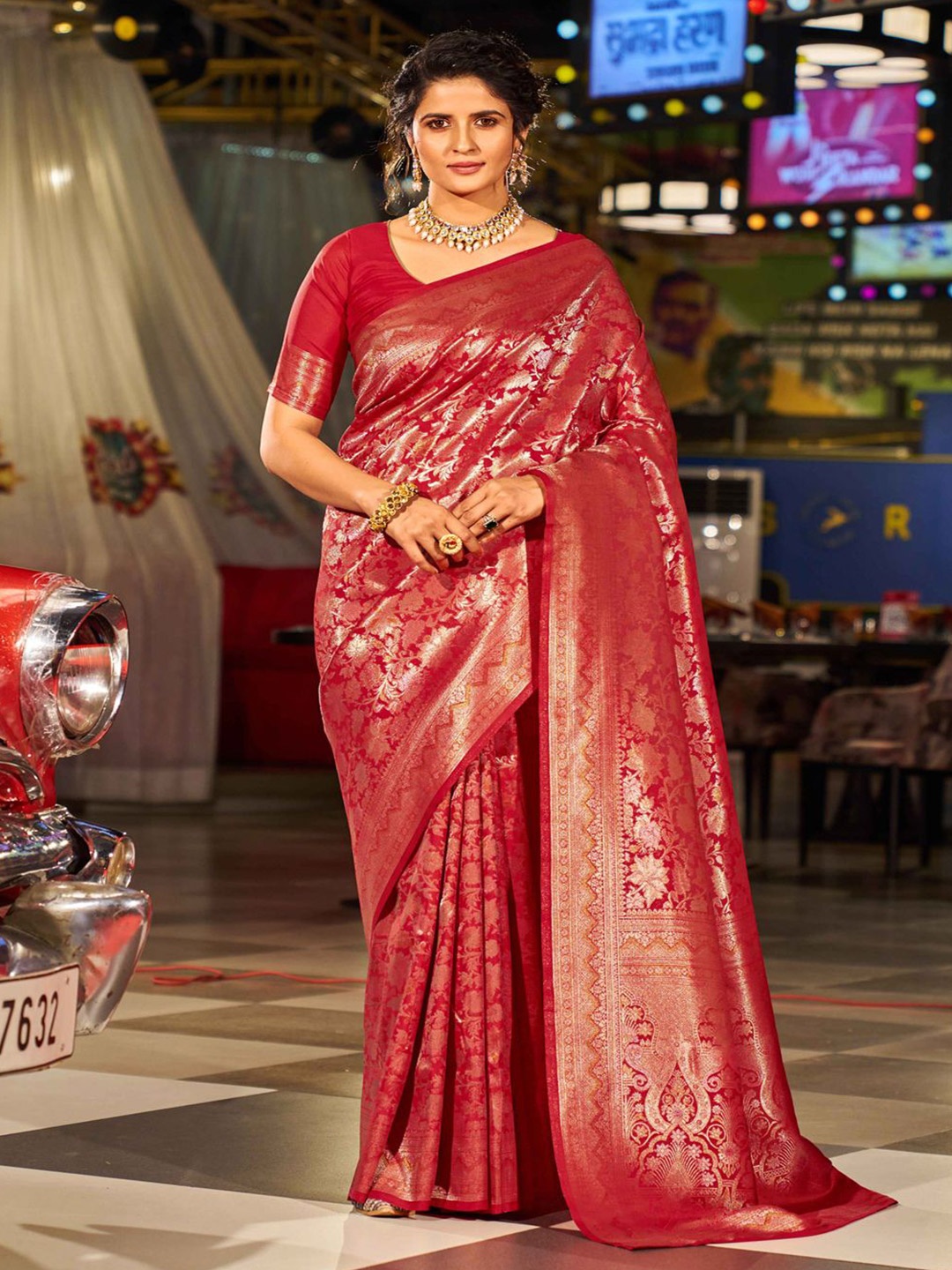 

Krimmple Woven Design Festive Saree With Zari, Red