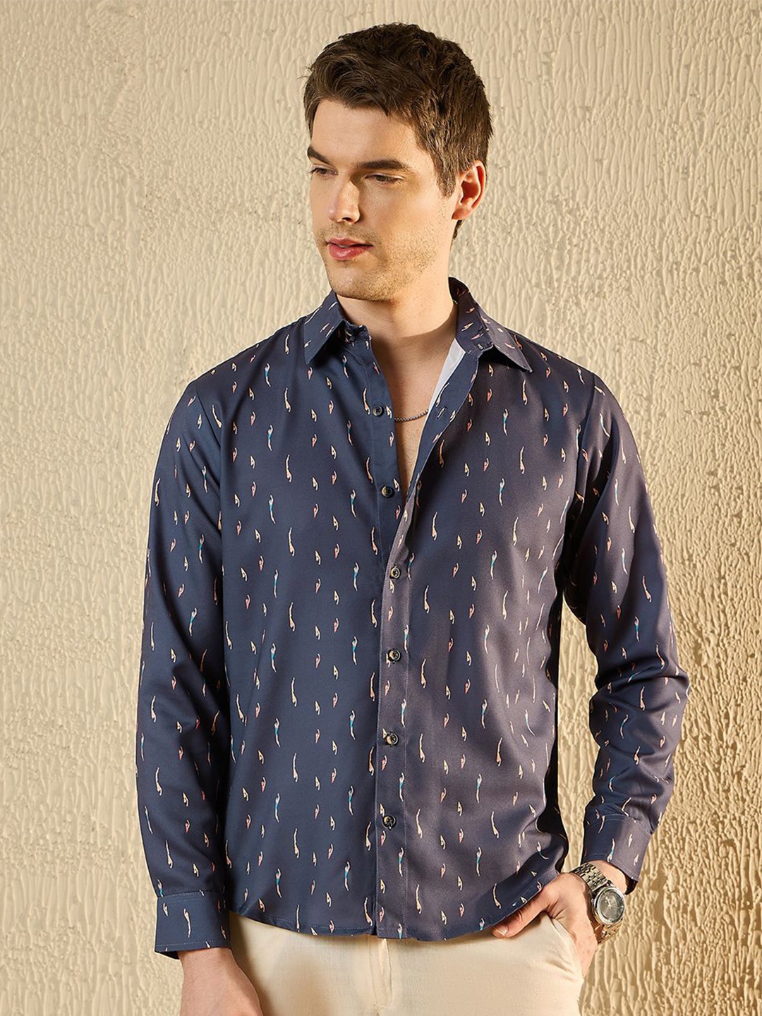 

Modeve Men Spread Collar Conversational Printed Casual Shirt, Navy blue