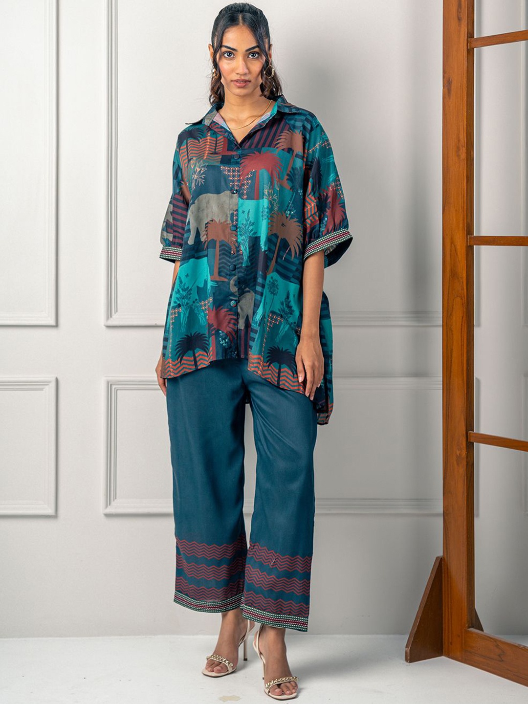 

India Circus by Krsnaa Mehta Tropical Nights Printed Tunic & Trouser, Teal
