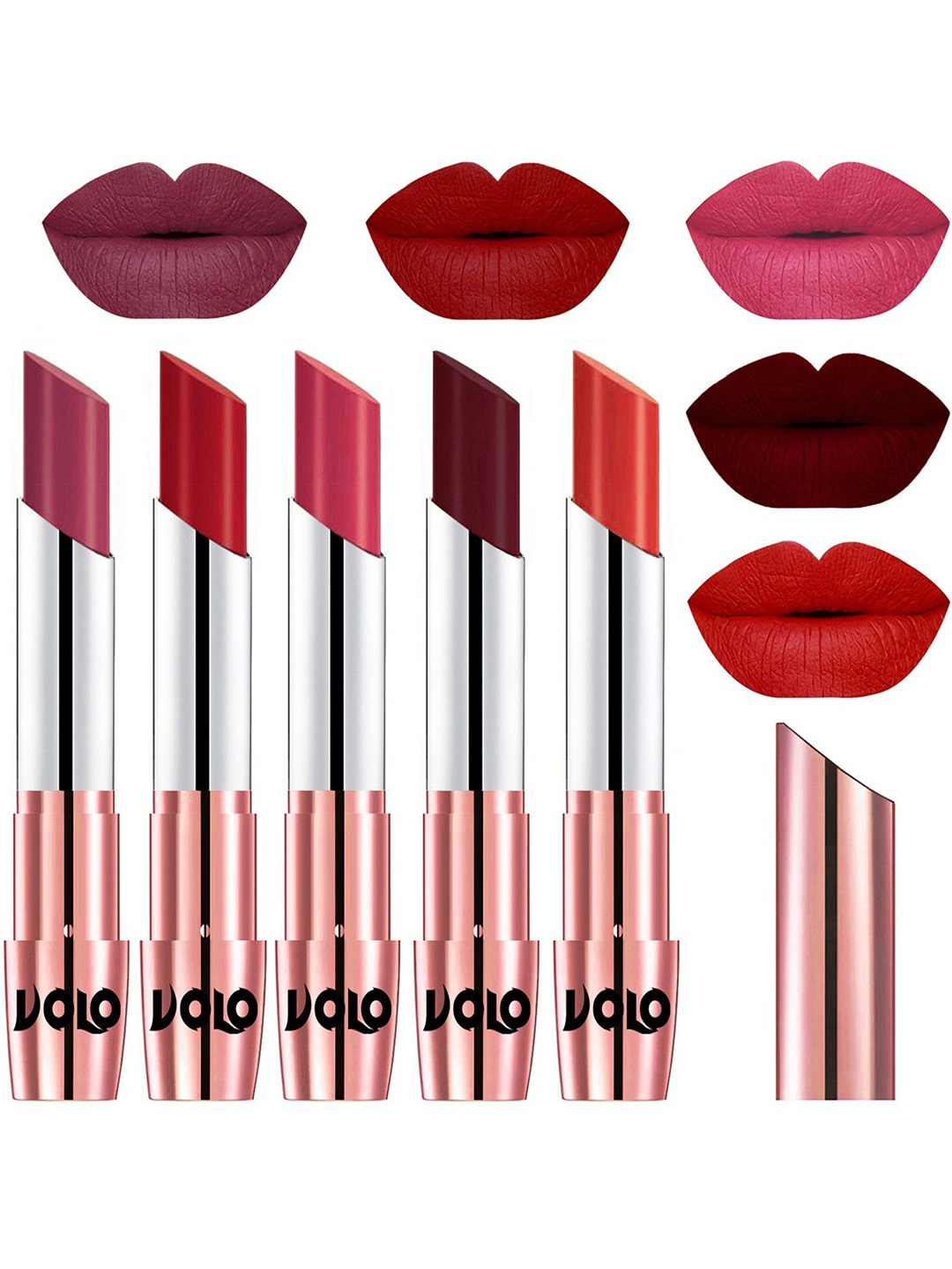 

VOLO Set Of 5 Creme Matte Lipstick-3.5g Each-Rose Pink-Tomato Red-Pink-Maroon-Orange