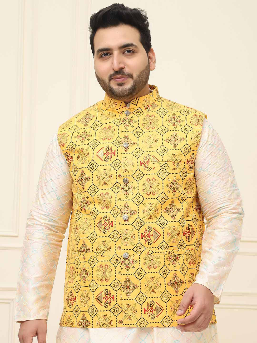 

SOJANYA PLUS Men Plus Size Printed Mandarin Collar Nehru Jacket, Yellow