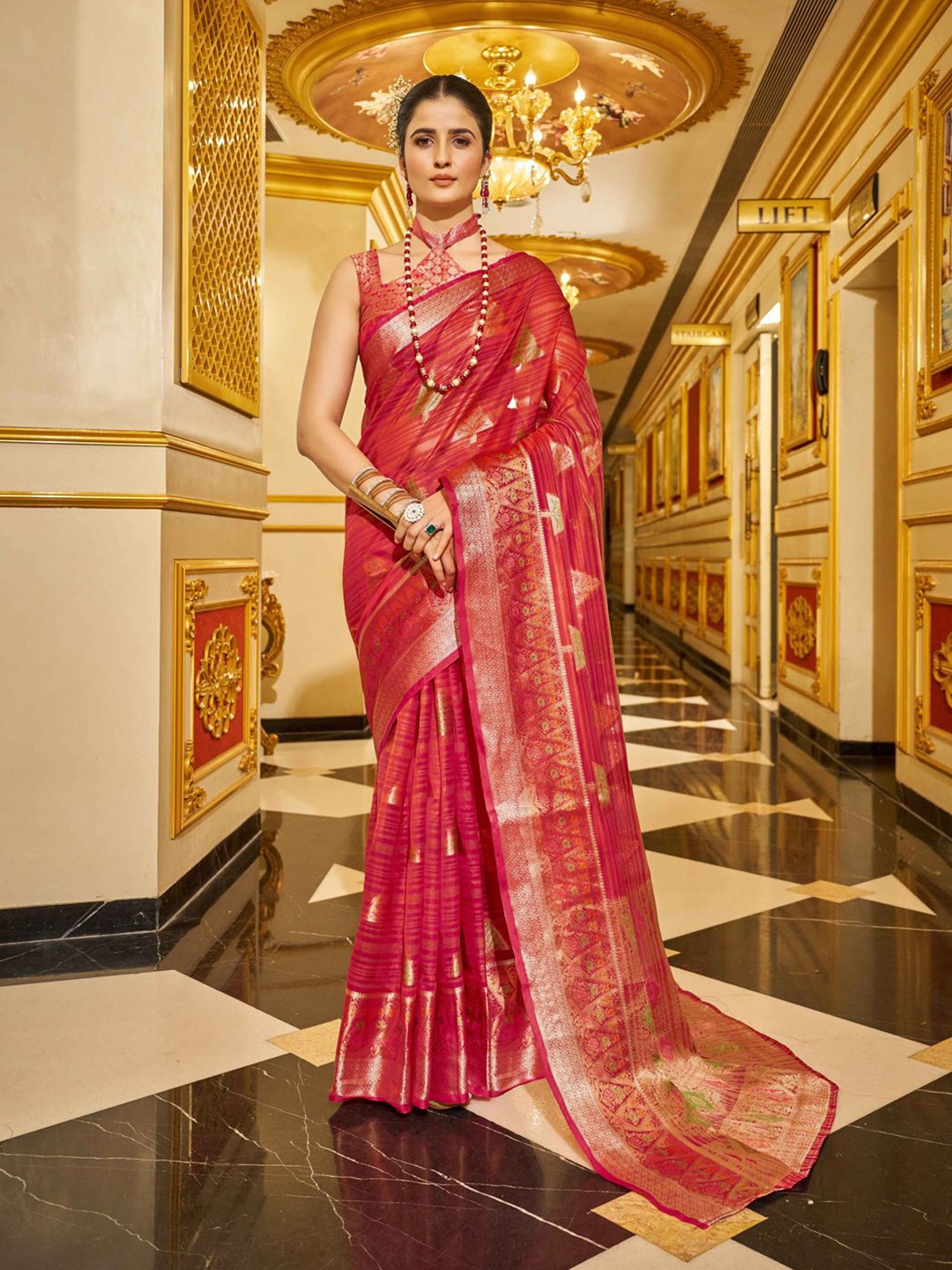 

Krimmple Woven Design Zari Organza Saree, Red