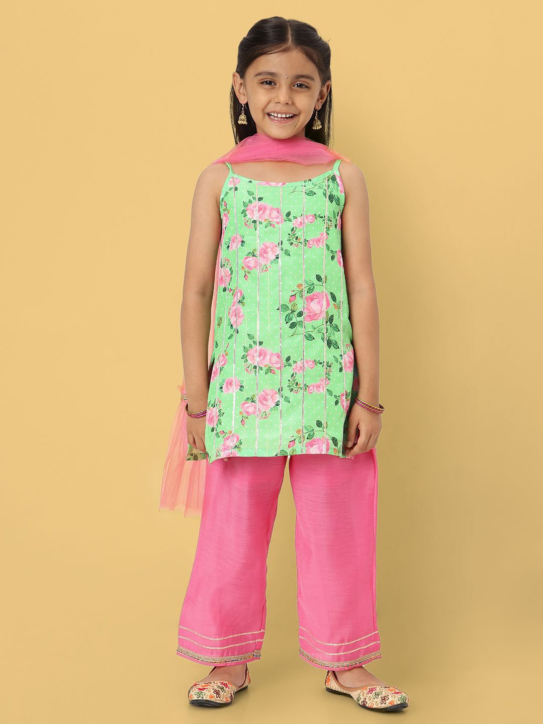 

Nautinati Girls' Chanderi Printed Kurta Set with Dupatta, Green