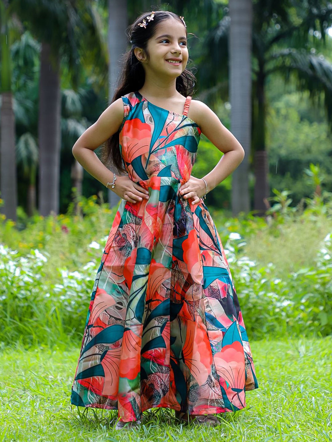 

Stuffie Land Girls Floral Printed One Shoulder Fit & Flare Dress, Orange